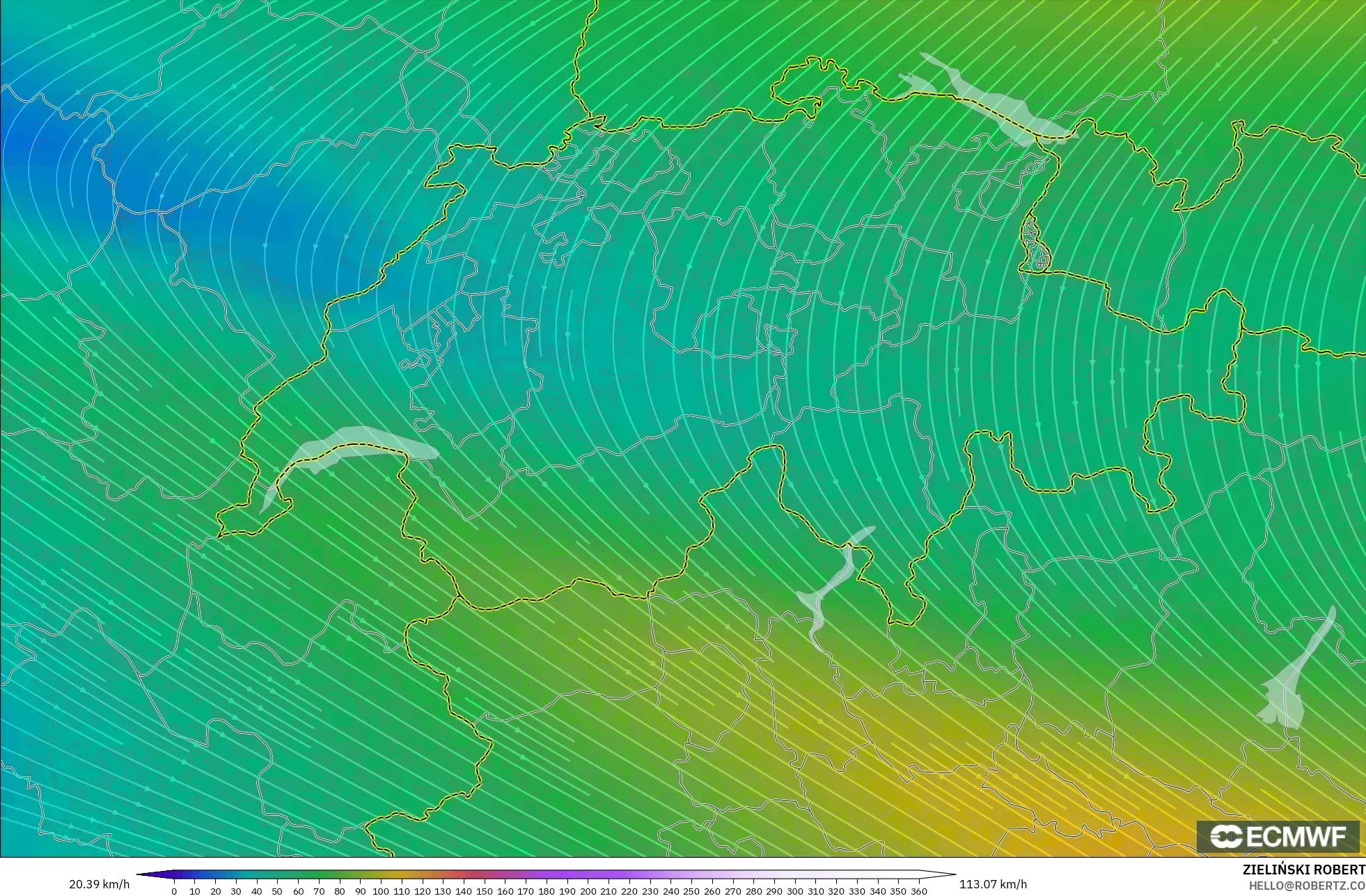 ECMWF IFS 0,25° modelo - Suíça, Vento a 300 hPa (corrente em jato)
