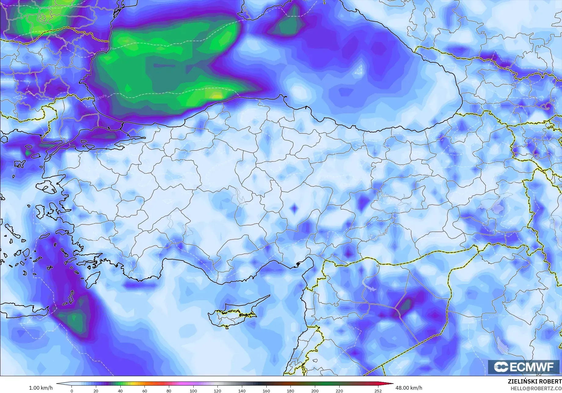 ECMWF IFS 0,25° modelo - Turquia, Rajadas de Vento Máximas