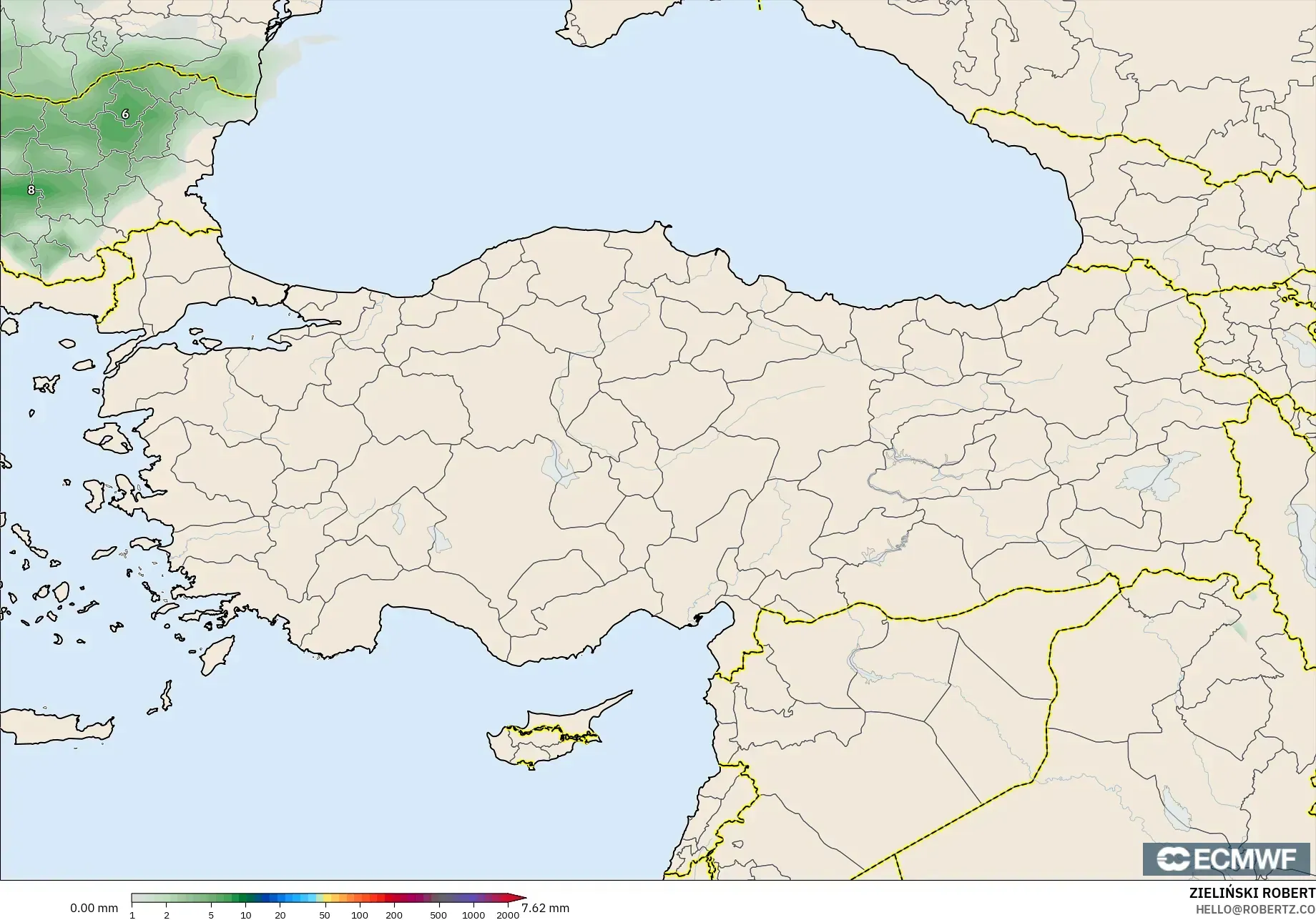 ECMWF IFS 0,25° modelo - Turquia, Acúmulo de precipitação
