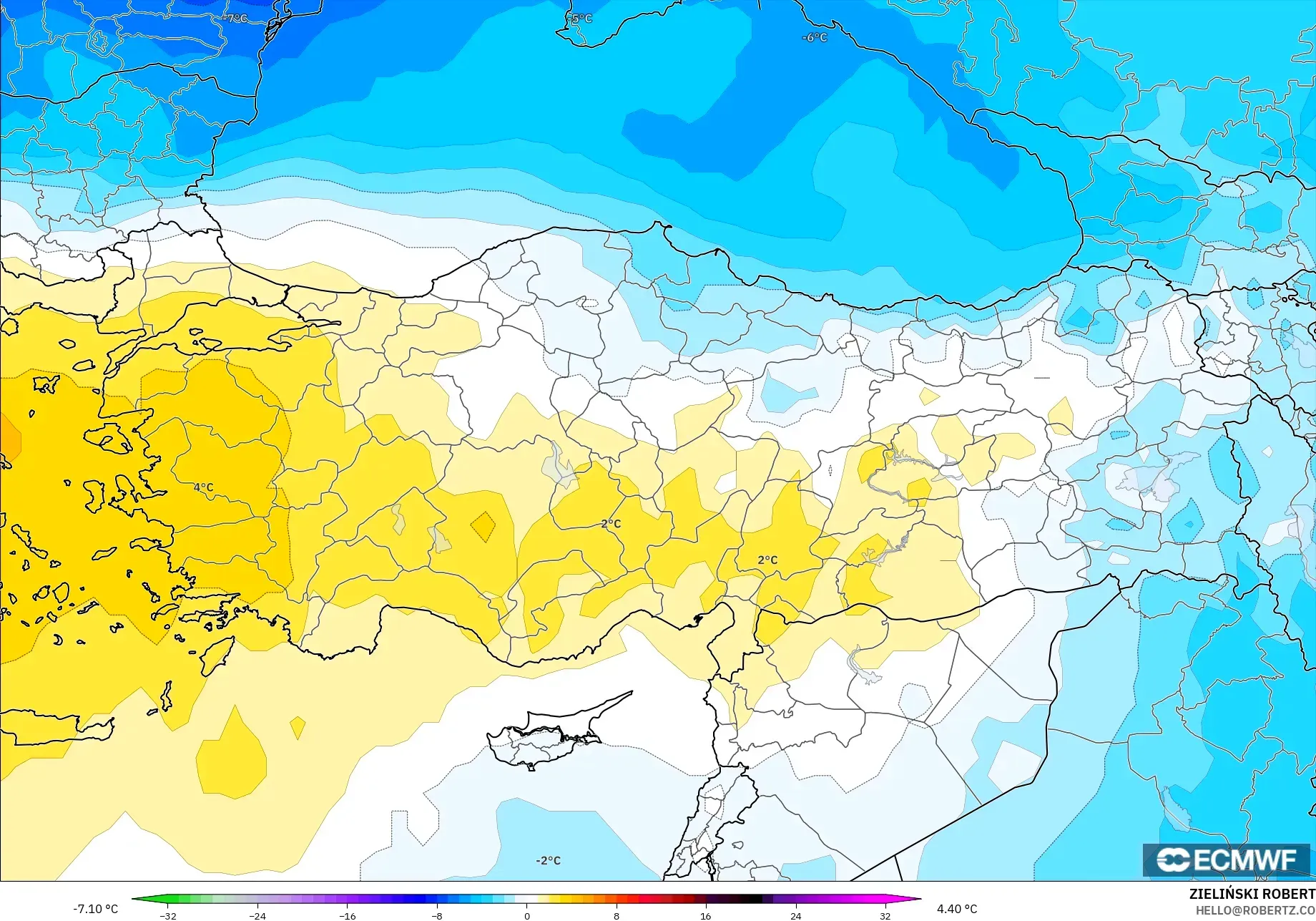 ECMWF IFS 0,25° modelo - Turquia, Anomalia de temperatura a 850 hPa