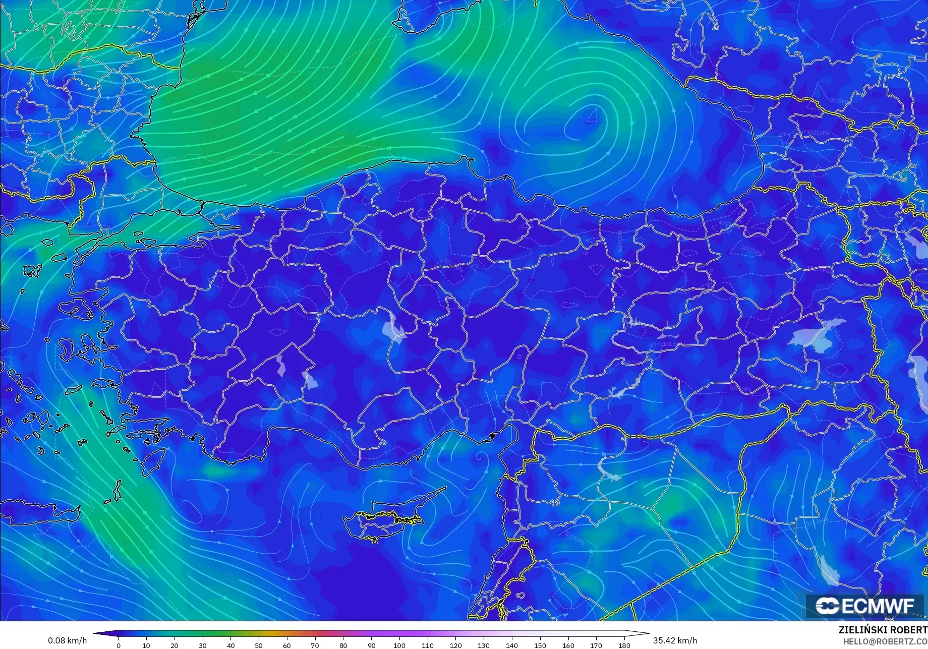 ECMWF IFS 0,25° modelo - Turquia, Vento a 10 m