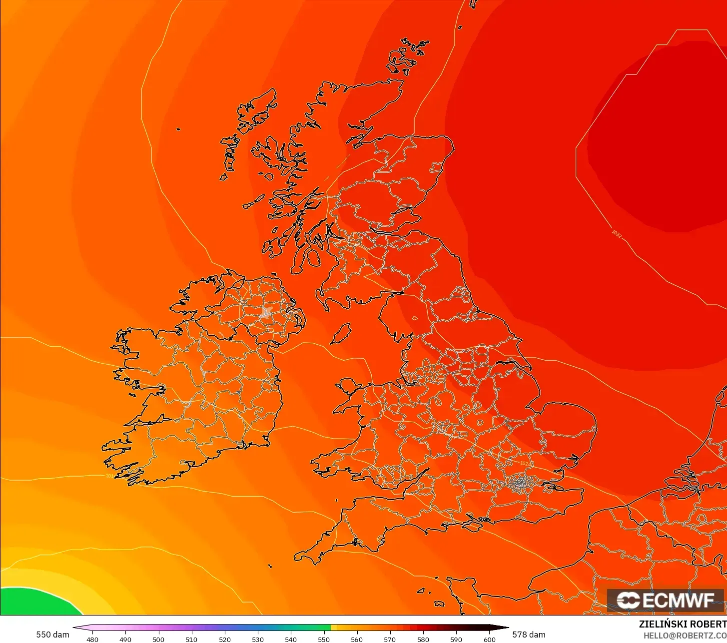 ECMWF IFS 0,25° modelo - Reino Unido, Altura geopotencial a 500 hPa