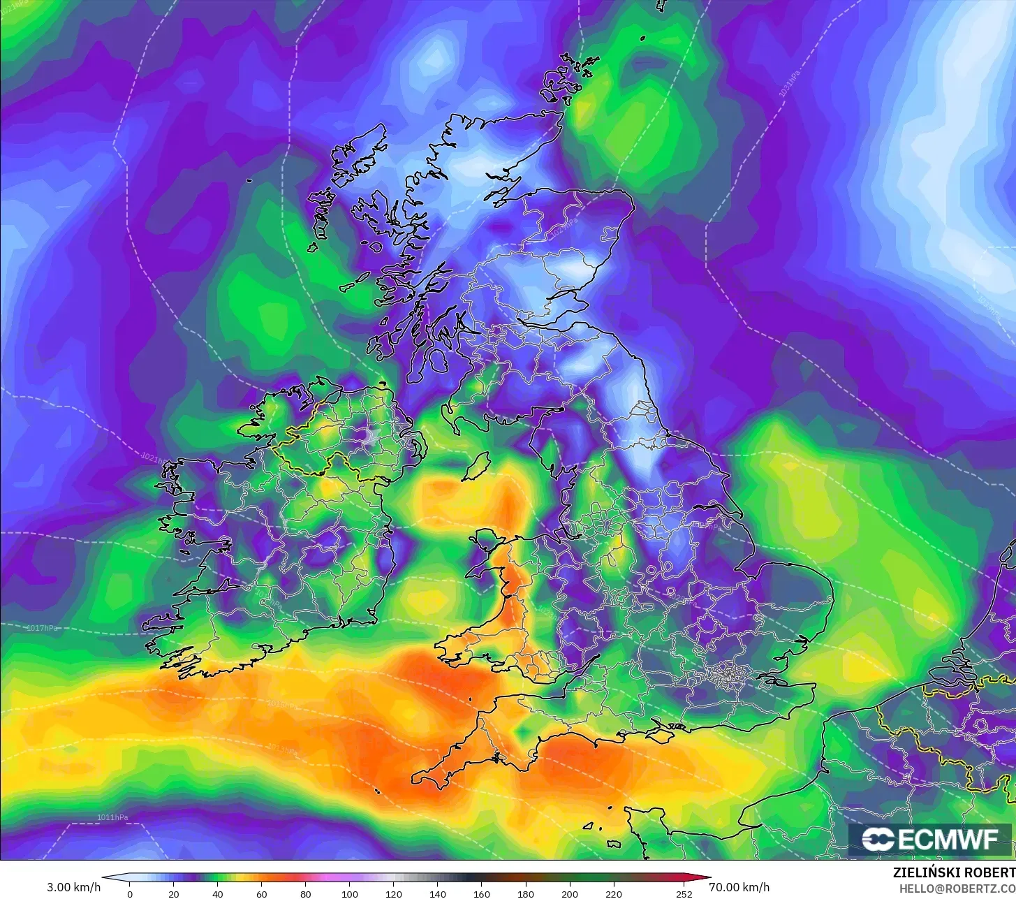 ECMWF IFS 0,25° modelo - Reino Unido, Rajadas de Vento Máximas