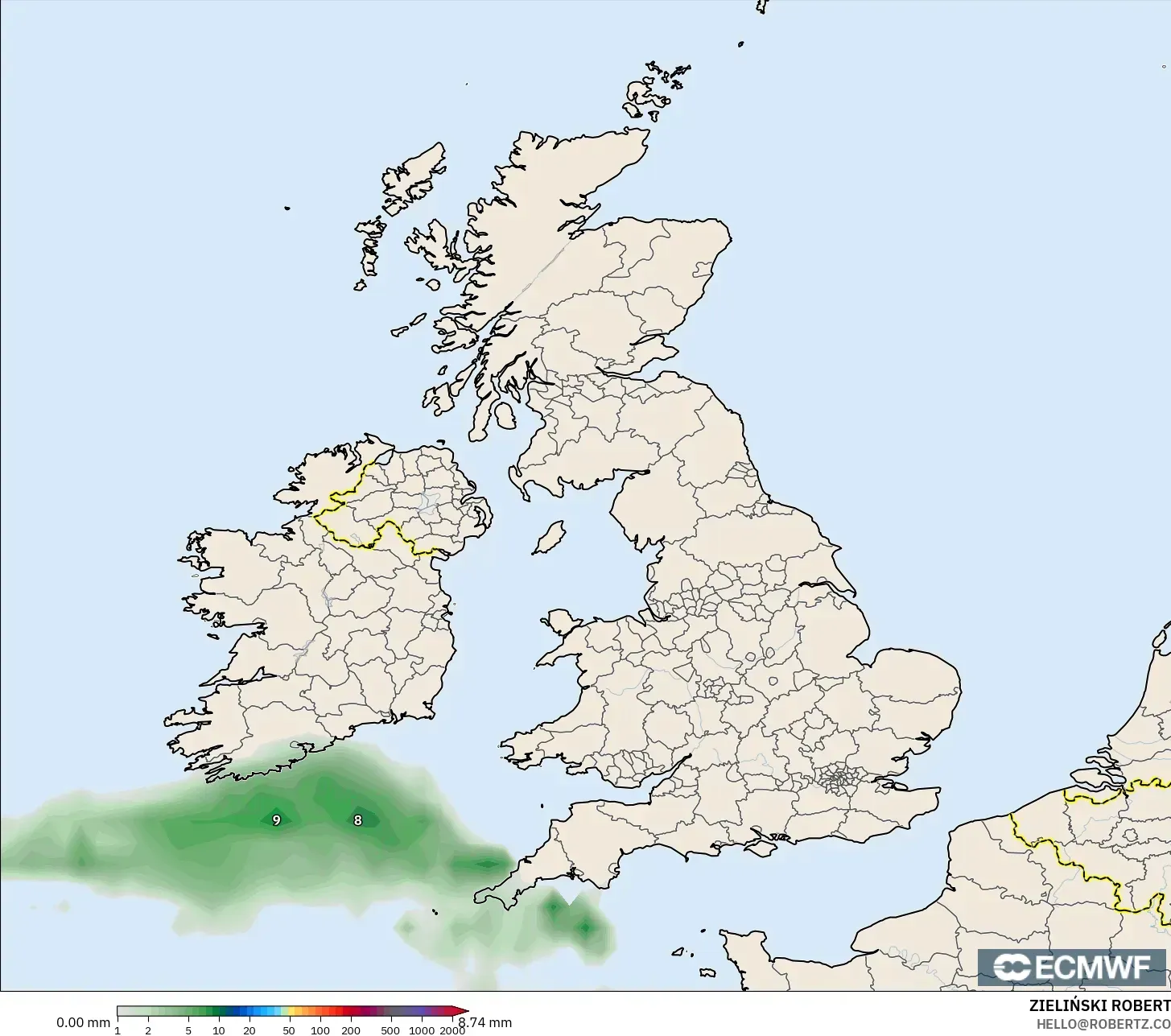 ECMWF IFS 0,25° modelo - Reino Unido, Acúmulo de precipitação