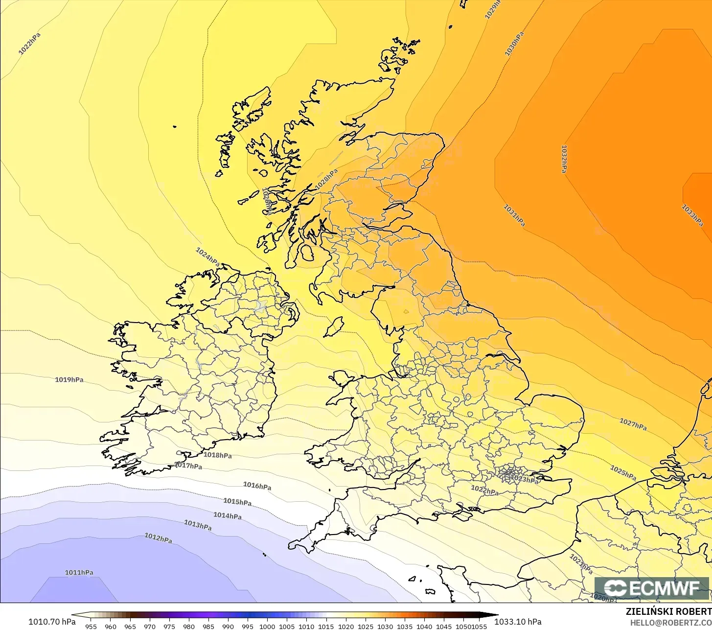 ECMWF IFS 0,25° modelo - Reino Unido, Pressão