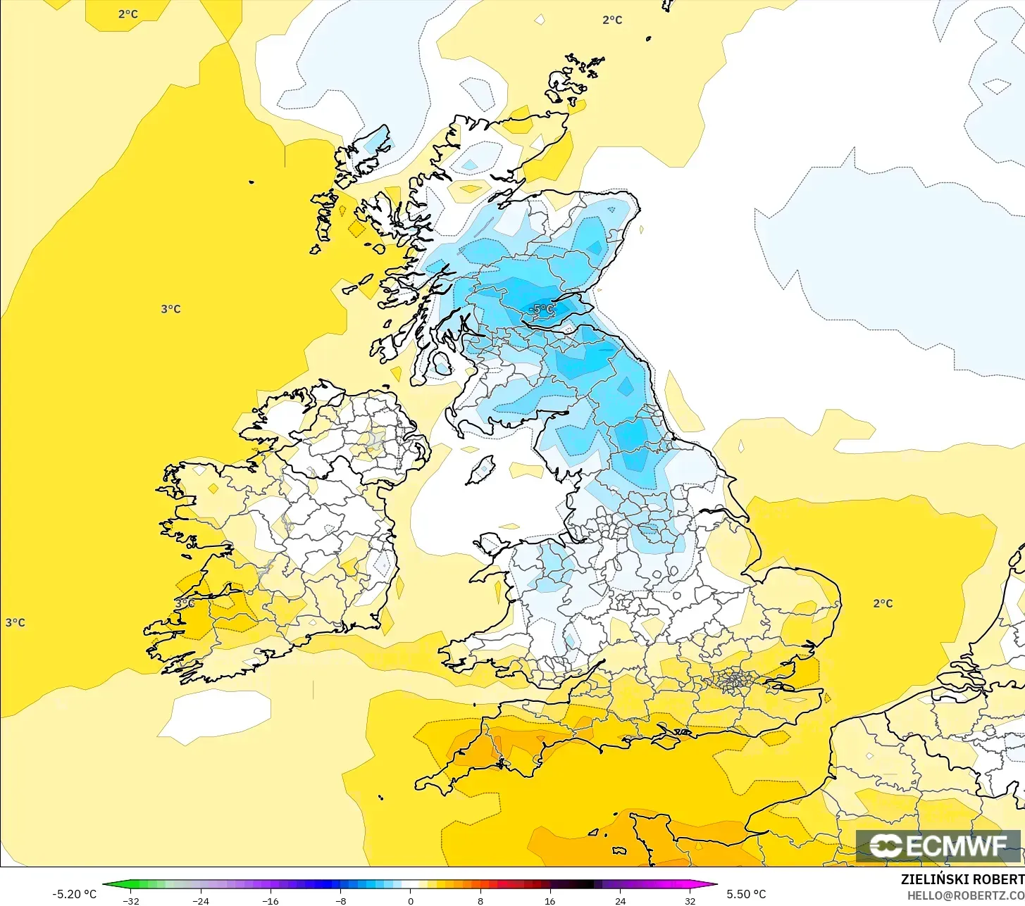 ECMWF IFS 0,25° modelo - Reino Unido, Anomalia de temperatura a 2 m