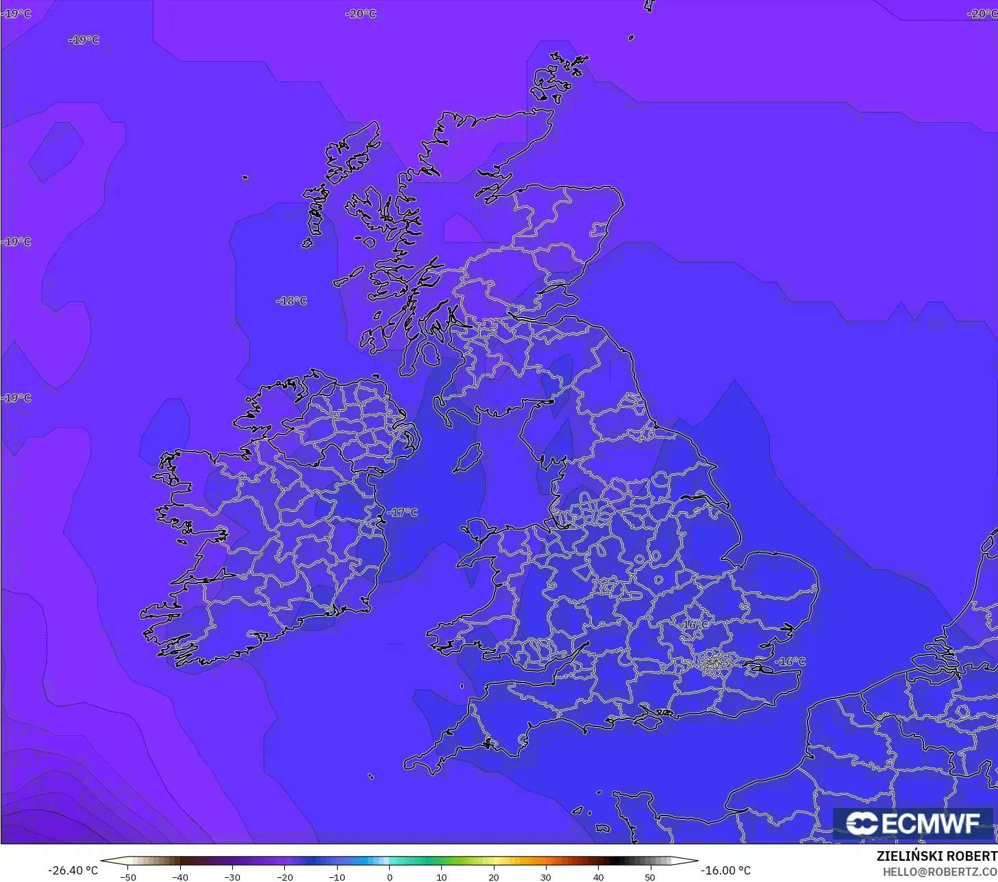 ECMWF IFS 0,25° modelo - Reino Unido, Temperatura a 500 hPa