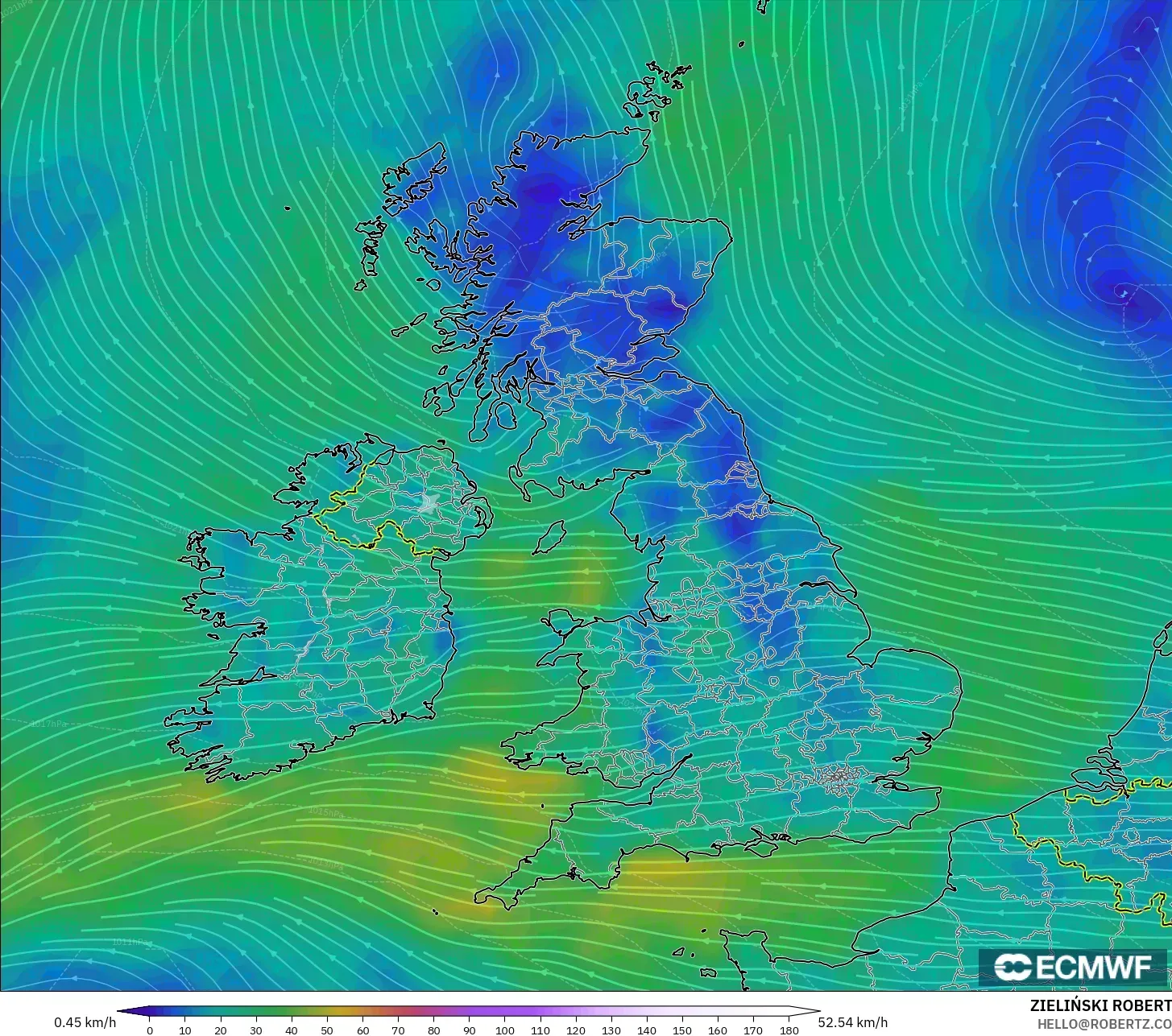 ECMWF IFS 0,25° modelo - Reino Unido, Vento a 10 m