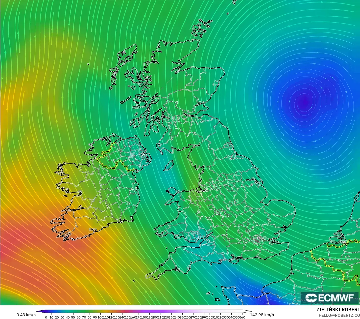 ECMWF IFS 0,25° modelo - Reino Unido, Vento a 300 hPa (corrente em jato)