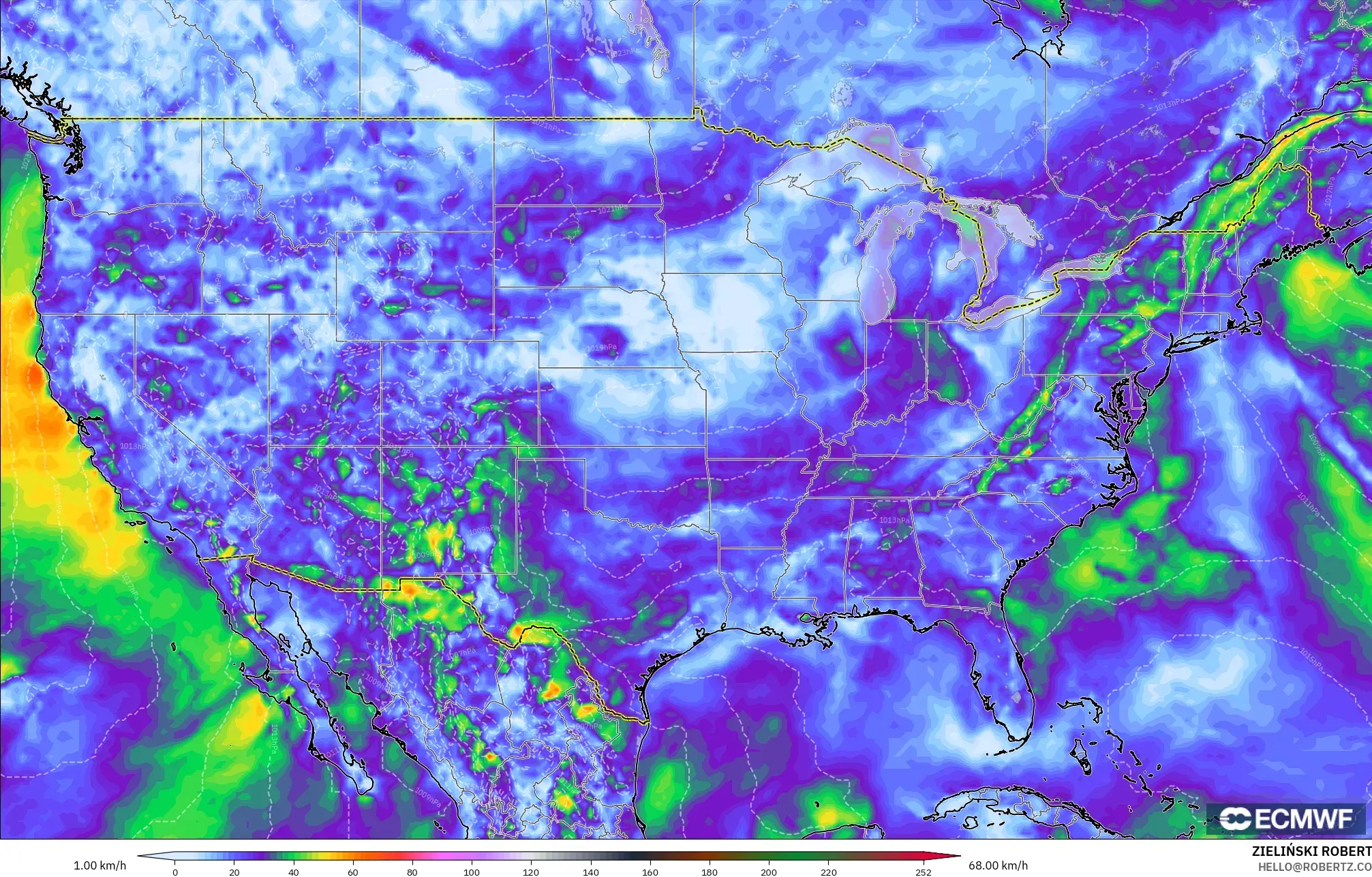 ECMWF IFS 0,25° modelo - Estados Unidos, Rajadas de Vento Máximas