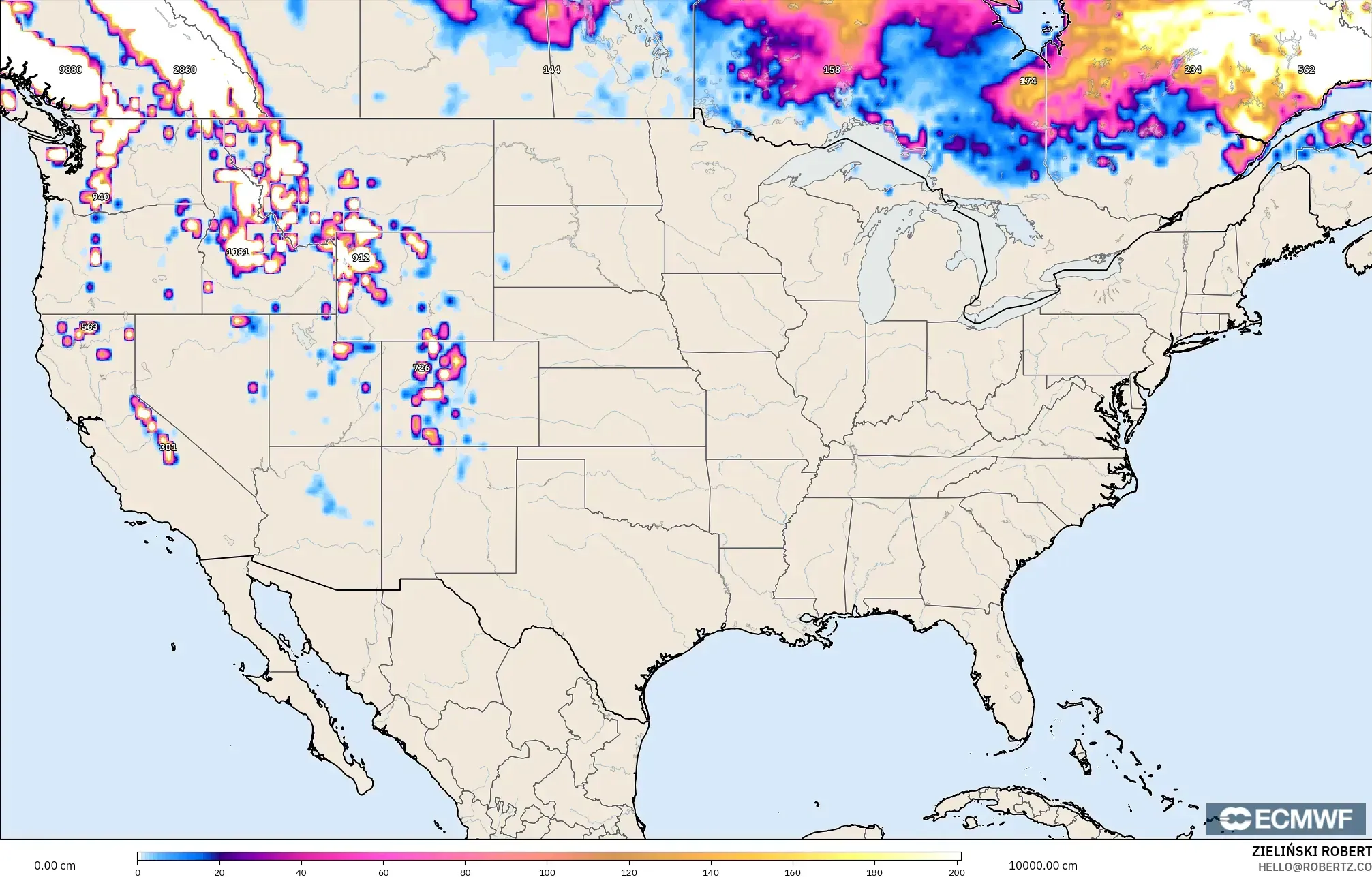 ECMWF IFS 0,25° modelo - Estados Unidos, Profundidade da neve