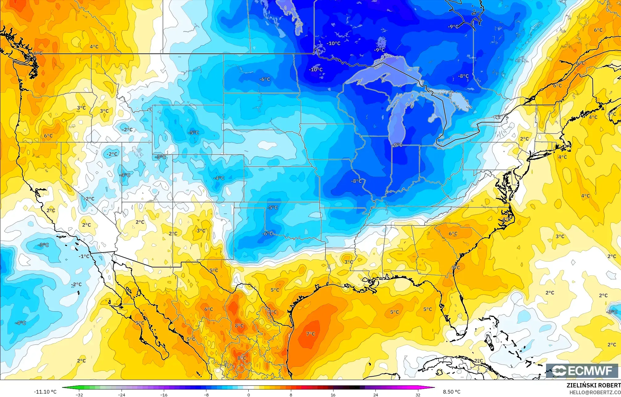 ECMWF IFS 0,25° modelo - Estados Unidos, Anomalia de temperatura a 850 hPa