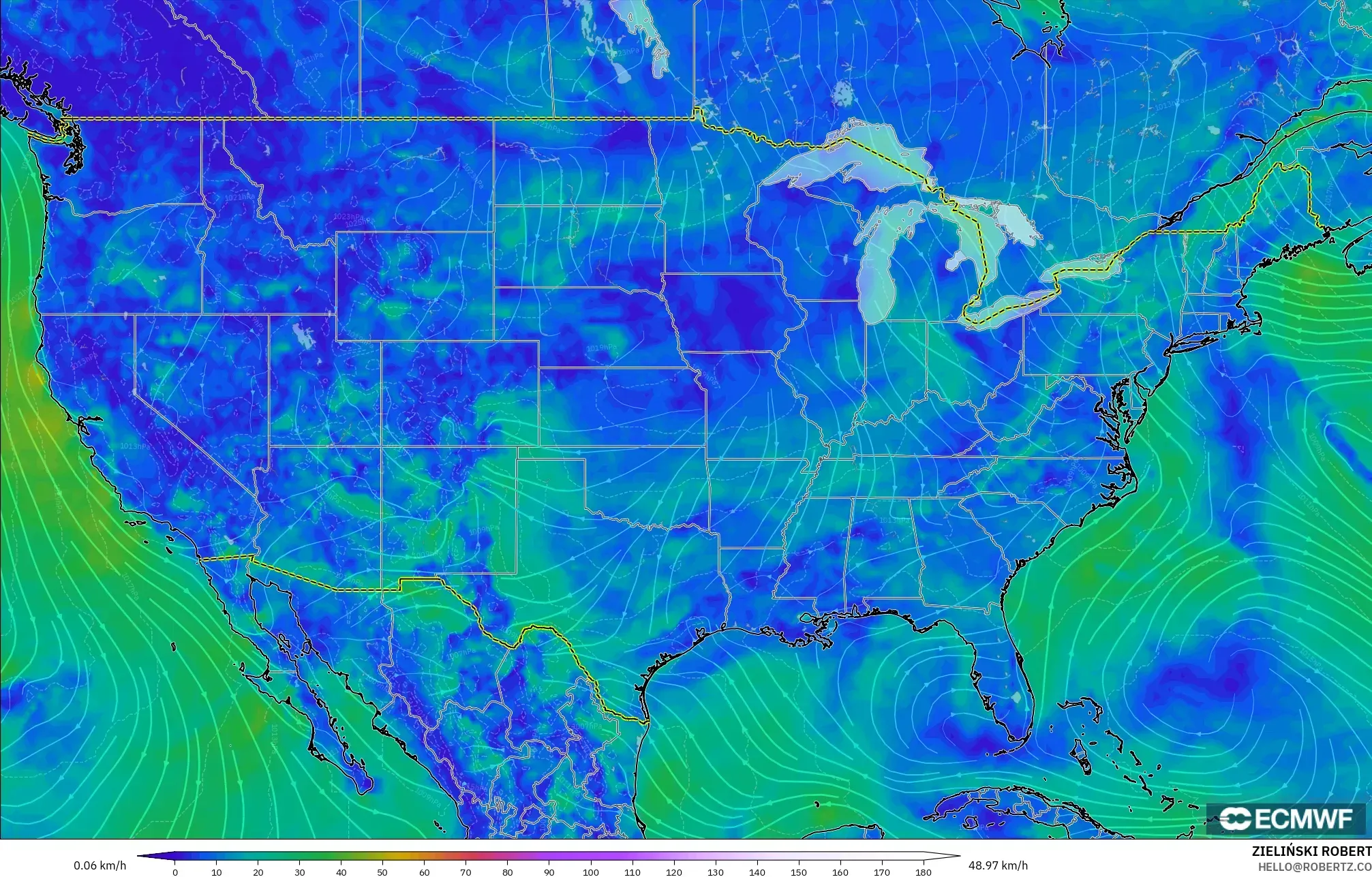 ECMWF IFS 0,25° modelo - Estados Unidos, Vento a 10 m