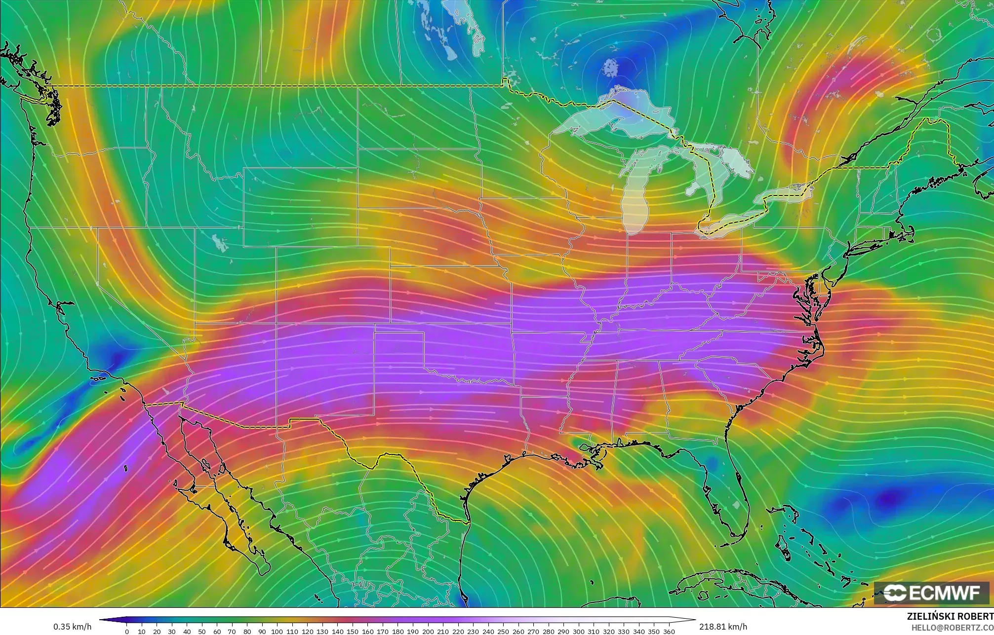 ECMWF IFS 0,25° modelo - Estados Unidos, Vento a 300 hPa (corrente em jato)