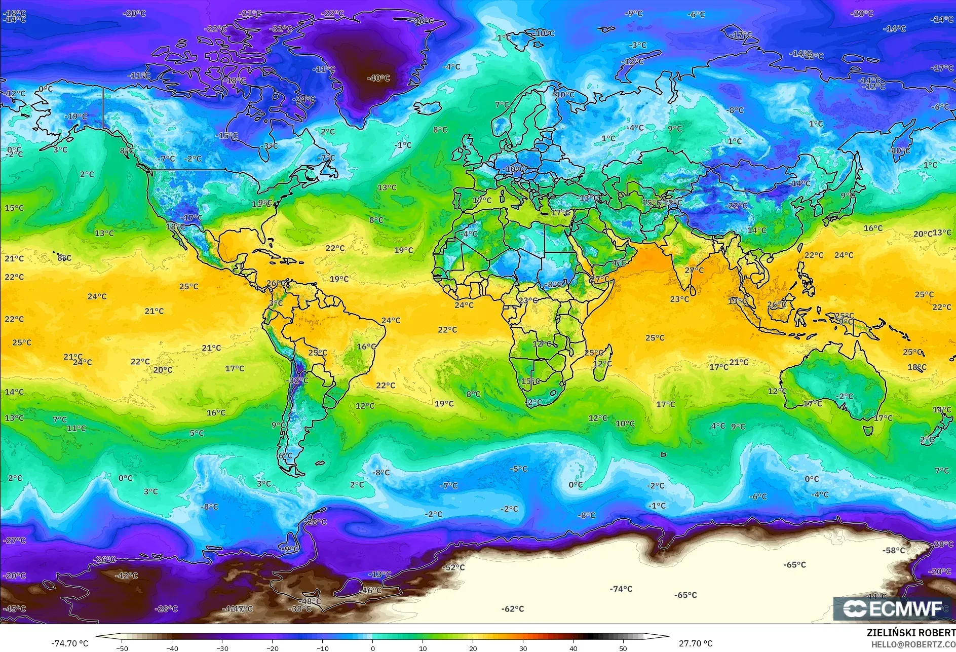 ECMWF IFS 0,25° modelo - Mundo, Ponto de orvalho a 2 m