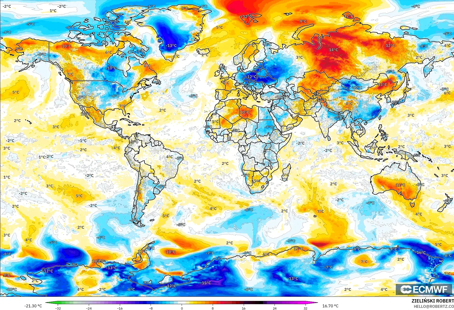 ECMWF IFS 0,25° modelo - Mundo, Anomalia de temperatura a 2 m