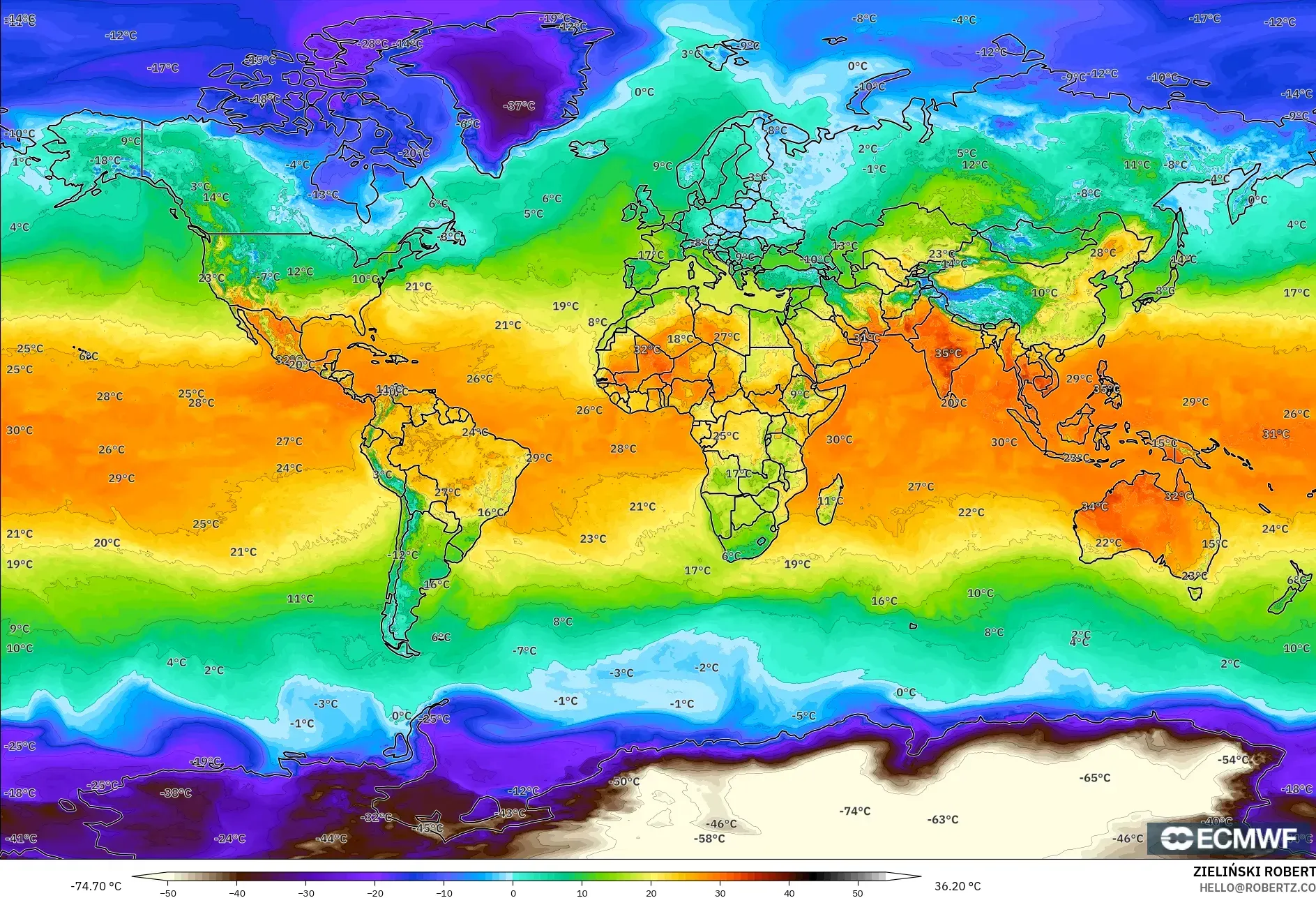 ECMWF IFS 0,25° modelo - Mundo, Temperatura a 2 m