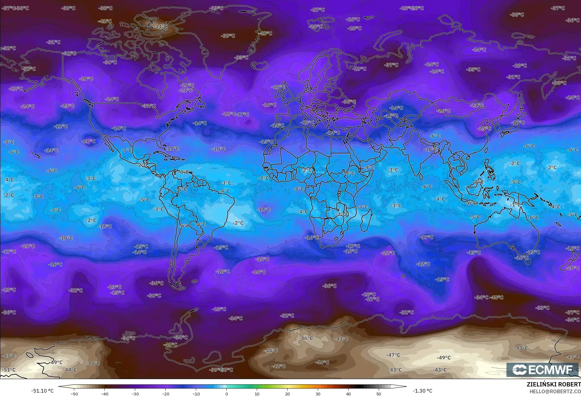 ECMWF IFS 0,25° modelo - Mundo, Temperatura a 500 hPa