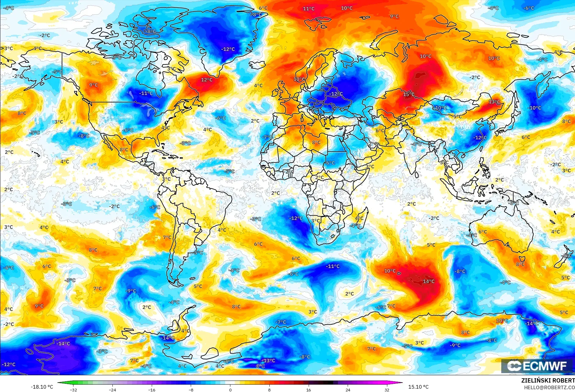 ECMWF IFS 0,25° modelo - Mundo, Anomalia de temperatura a 850 hPa