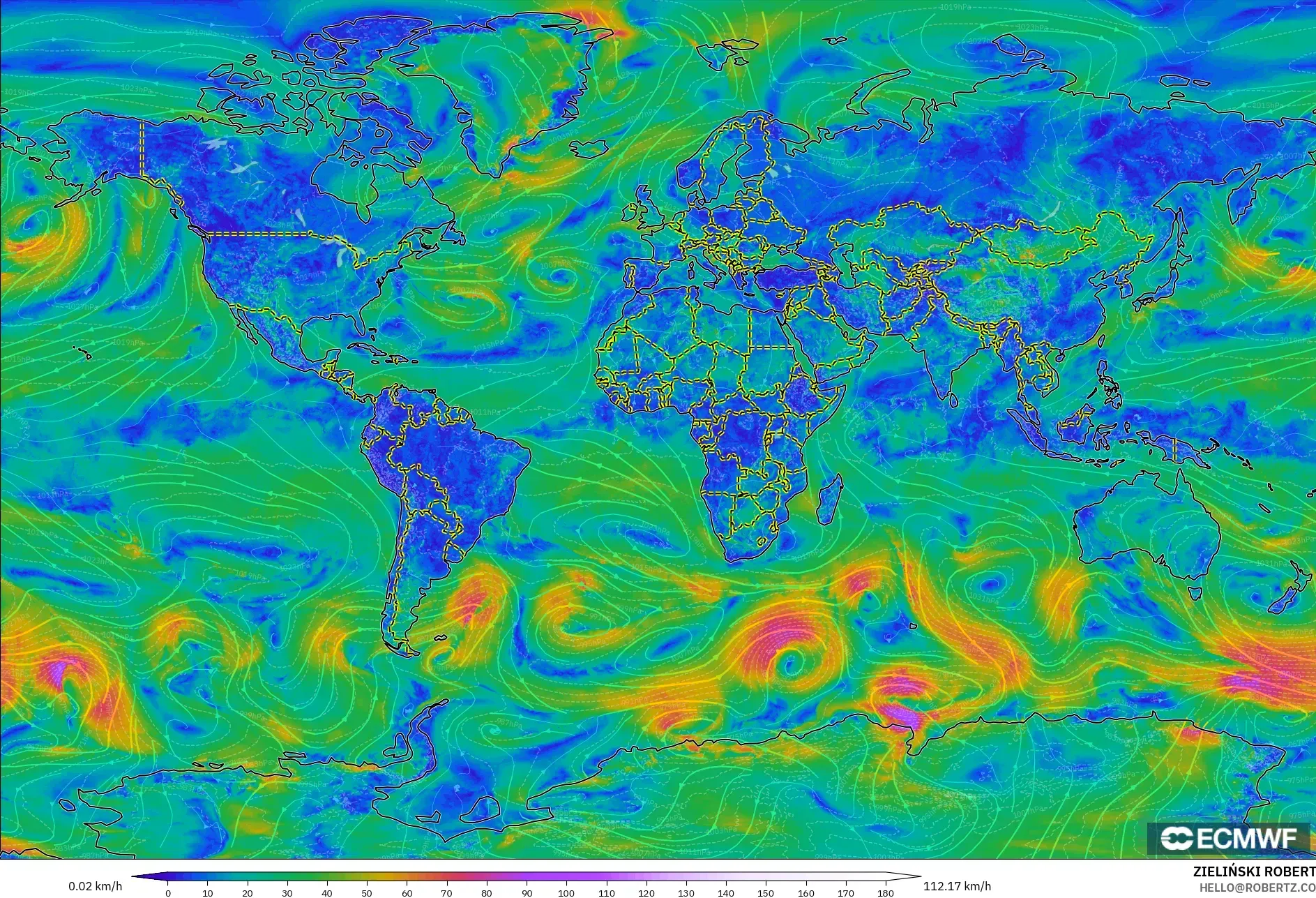 ECMWF IFS 0,25° modelo - Mundo, Vento a 10 m