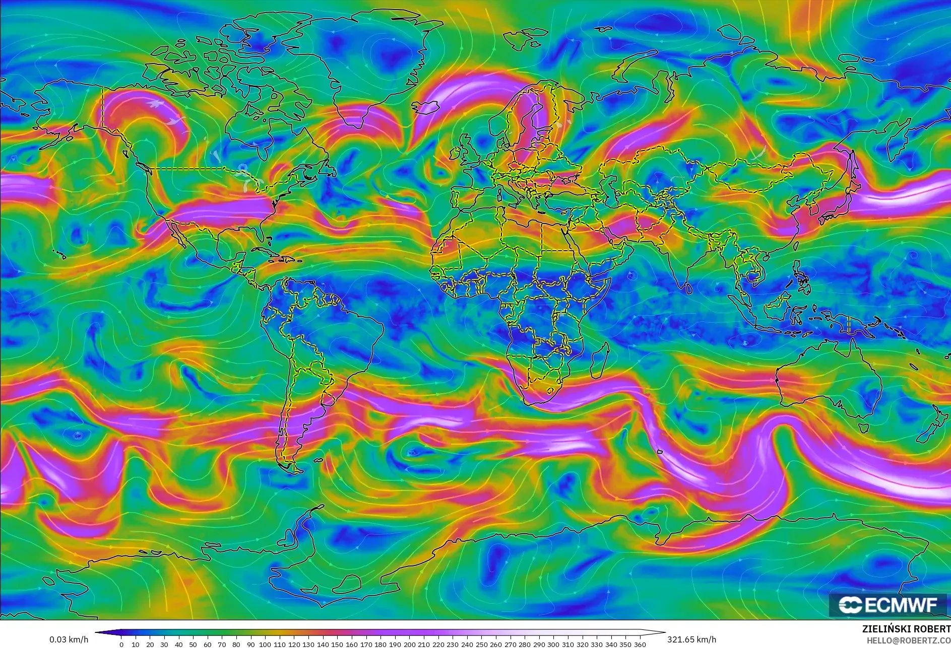 ECMWF IFS 0,25° modelo - Mundo, Vento a 300 hPa (corrente em jato)