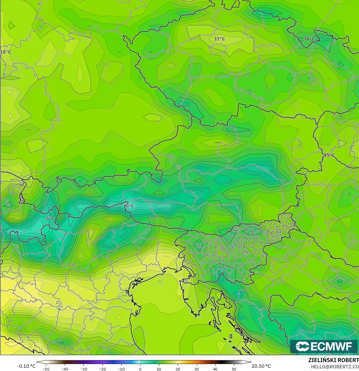 ECMWF IFS 0,25° modelo - Áustria, Temperatura a 2 m