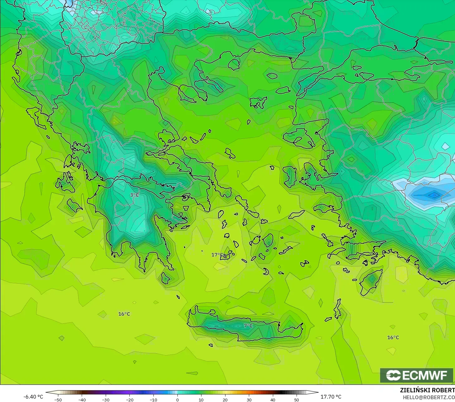 ECMWF IFS 0,25° modelo - Grécia, Ponto de orvalho a 2 m