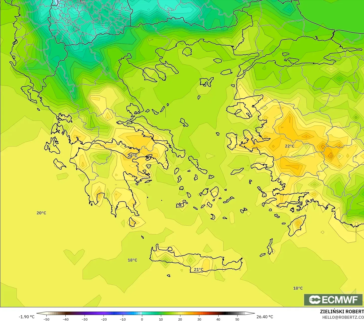 ECMWF IFS 0,25° modelo - Grécia, Temperatura a 2 m
