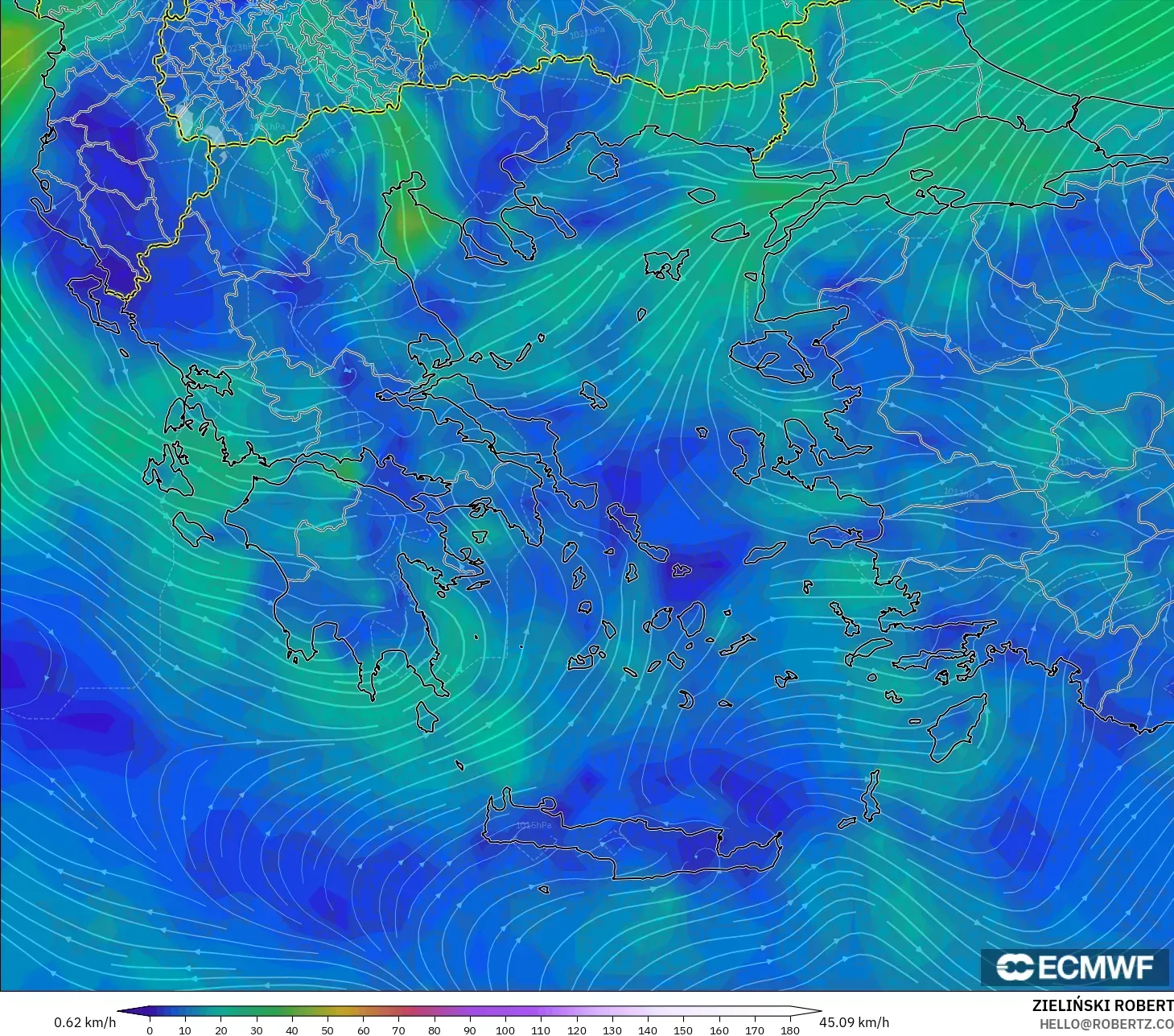 ECMWF IFS 0,25° modelo - Grécia, Vento a 10 m