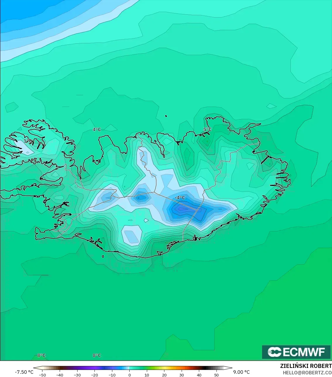 ECMWF IFS 0,25° modelo - Islândia, Temperatura a 2 m
