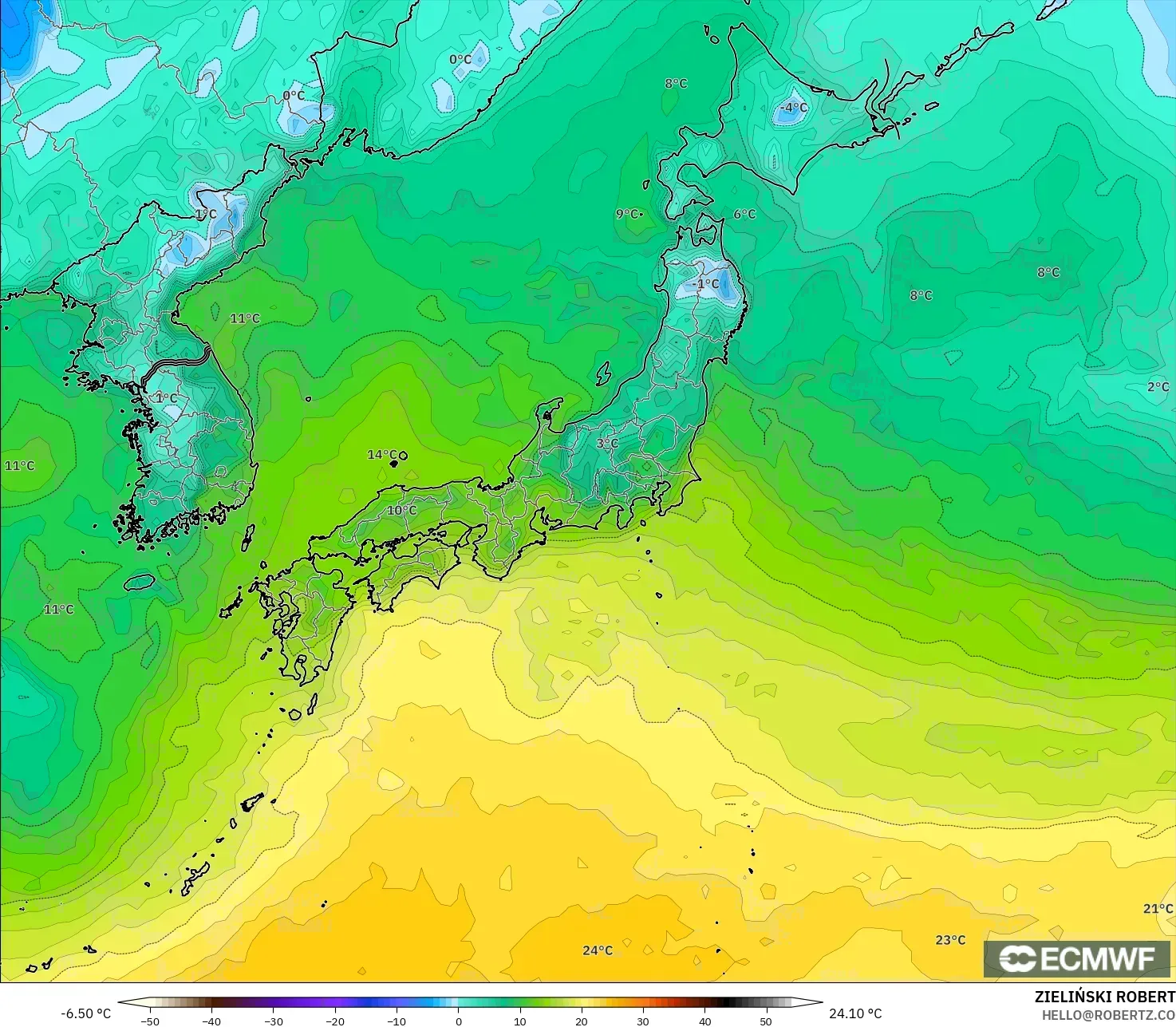 ECMWF IFS 0,25° modelo - Japão, Ponto de orvalho a 2 m