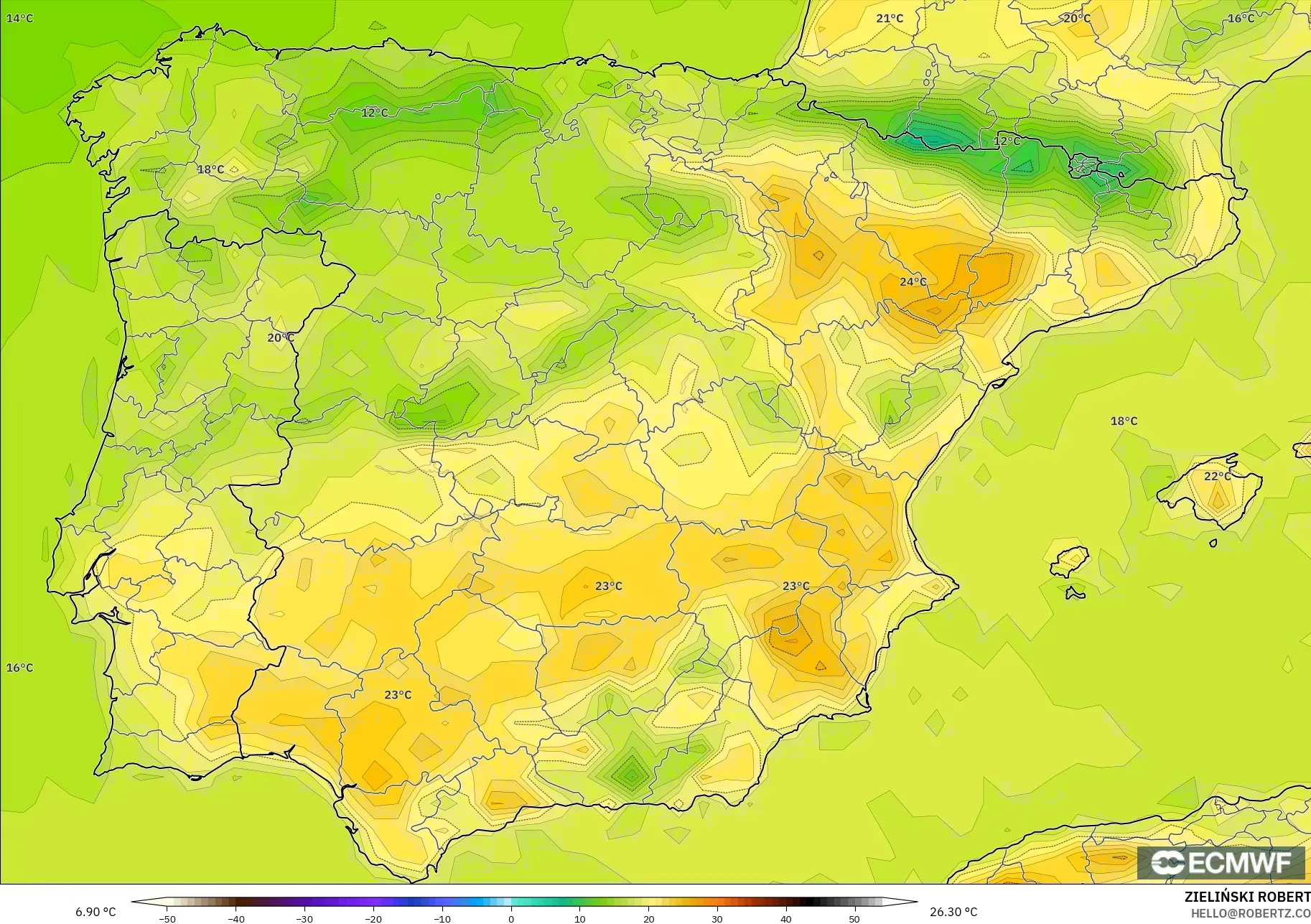 ECMWF IFS 0,25° modelo - Espanha, Temperatura a 2 m