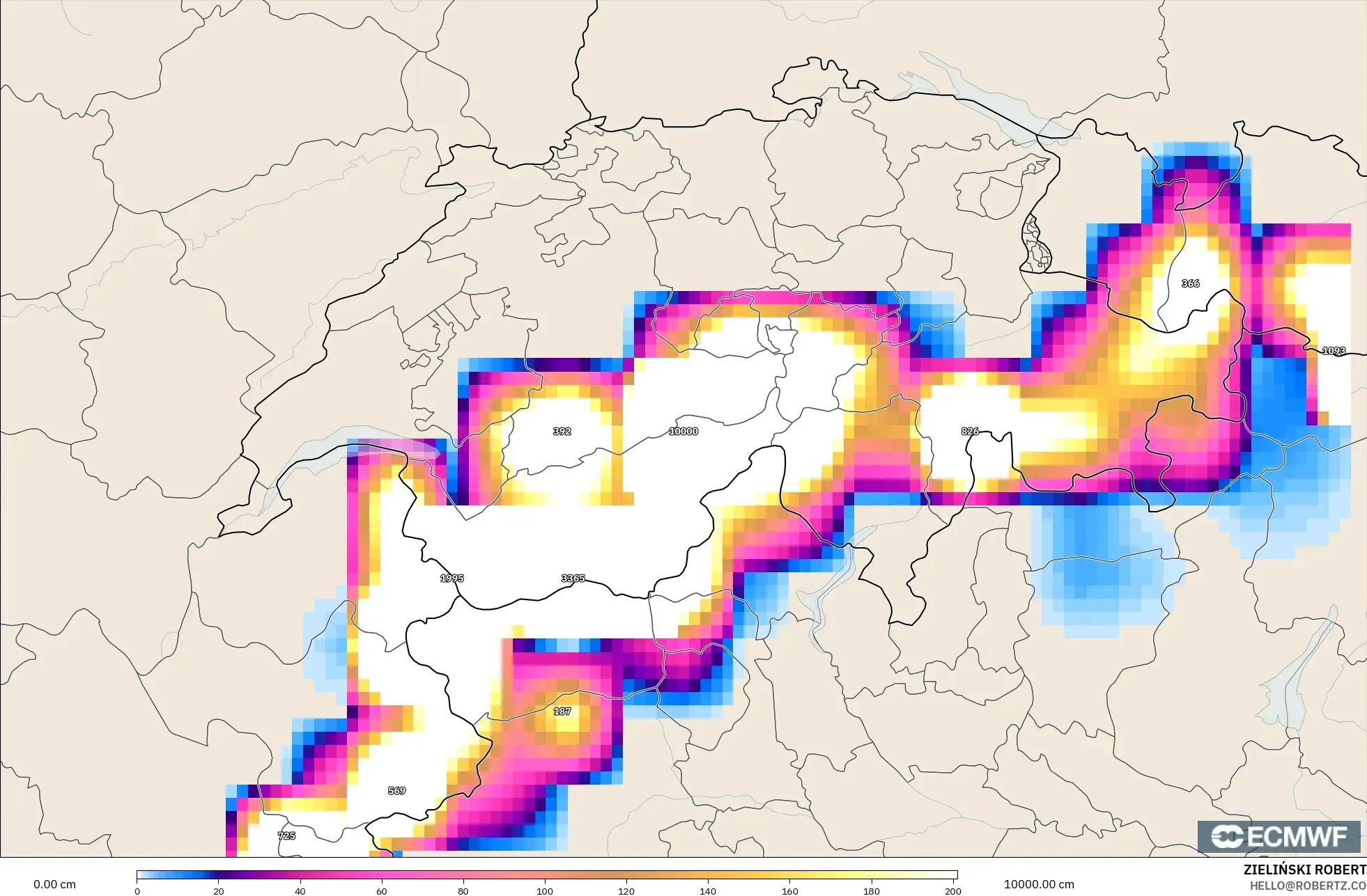 ECMWF IFS 0,25° modelo - Suíça, Profundidade da neve