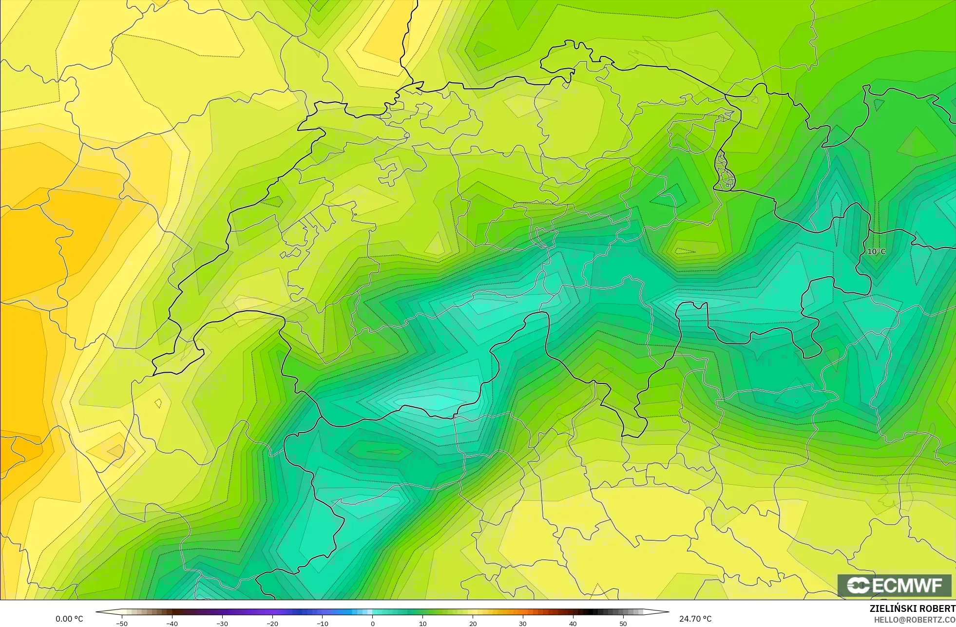 ECMWF IFS 0,25° modelo - Suíça, Temperatura a 2 m