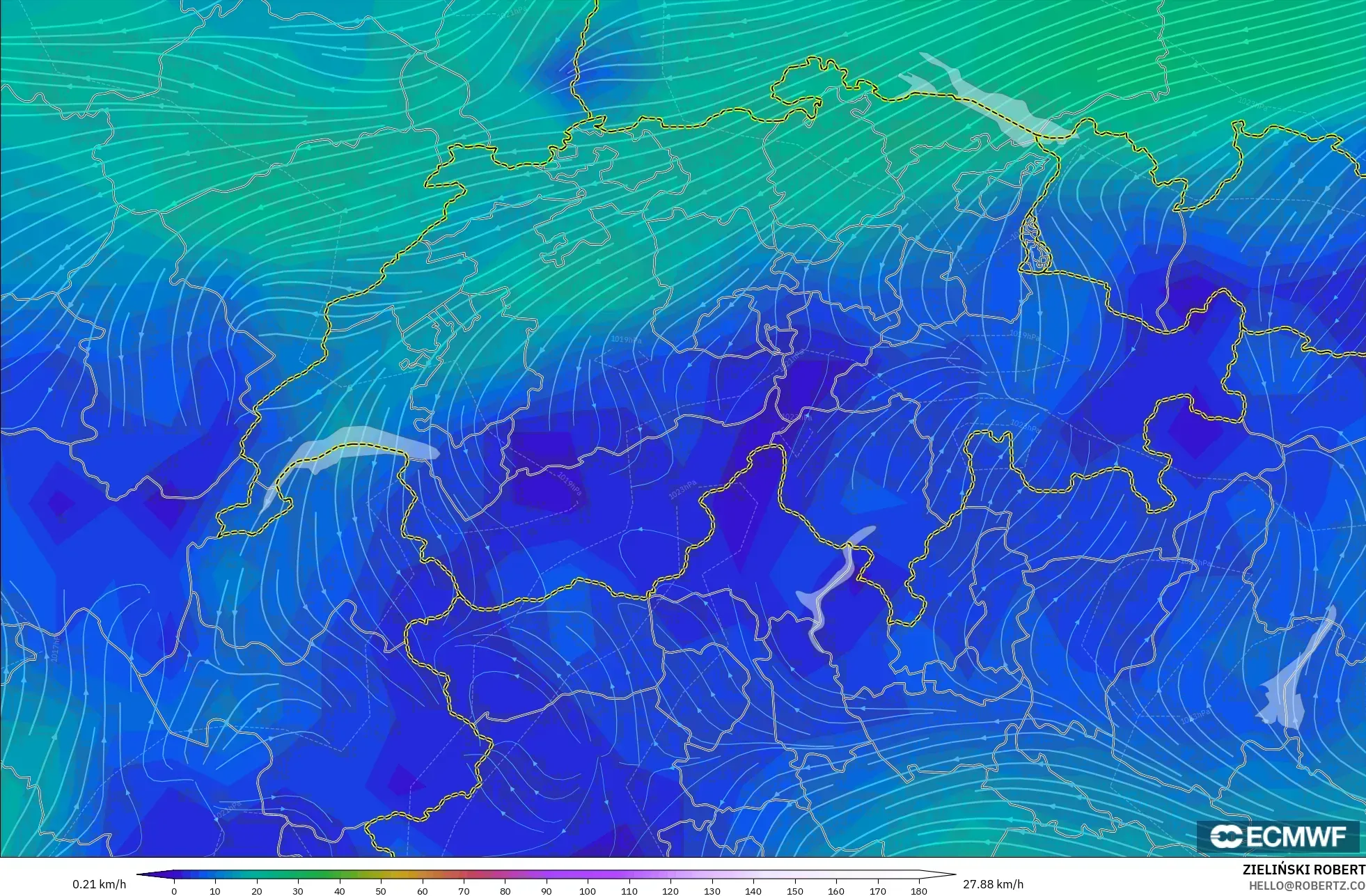 ECMWF IFS 0,25° modelo - Suíça, Vento a 10 m