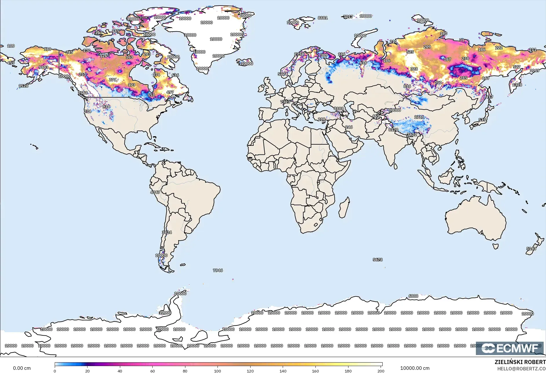 ECMWF IFS 0,25° modelo - Mundo, Profundidade da neve
