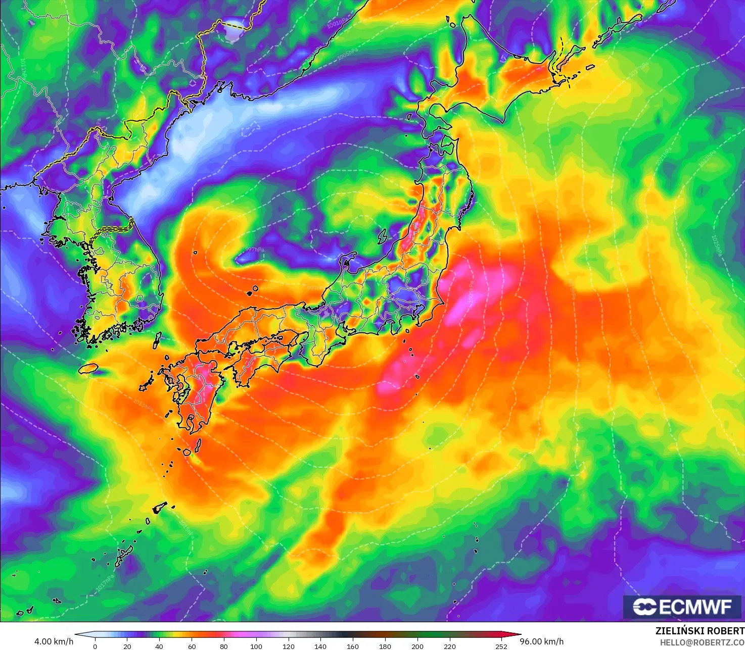 ECMWF IFS 0,25° modelo - Japão, Rajadas de Vento Máximas