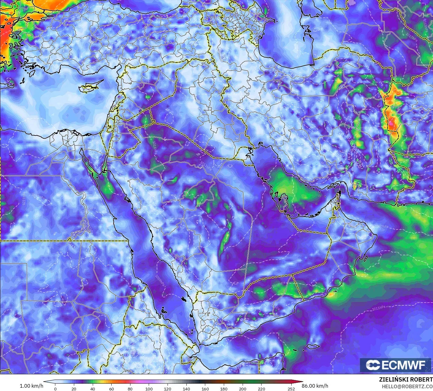 ECMWF IFS 0,25° modelo - Oriente Médio, Rajadas de Vento Máximas
