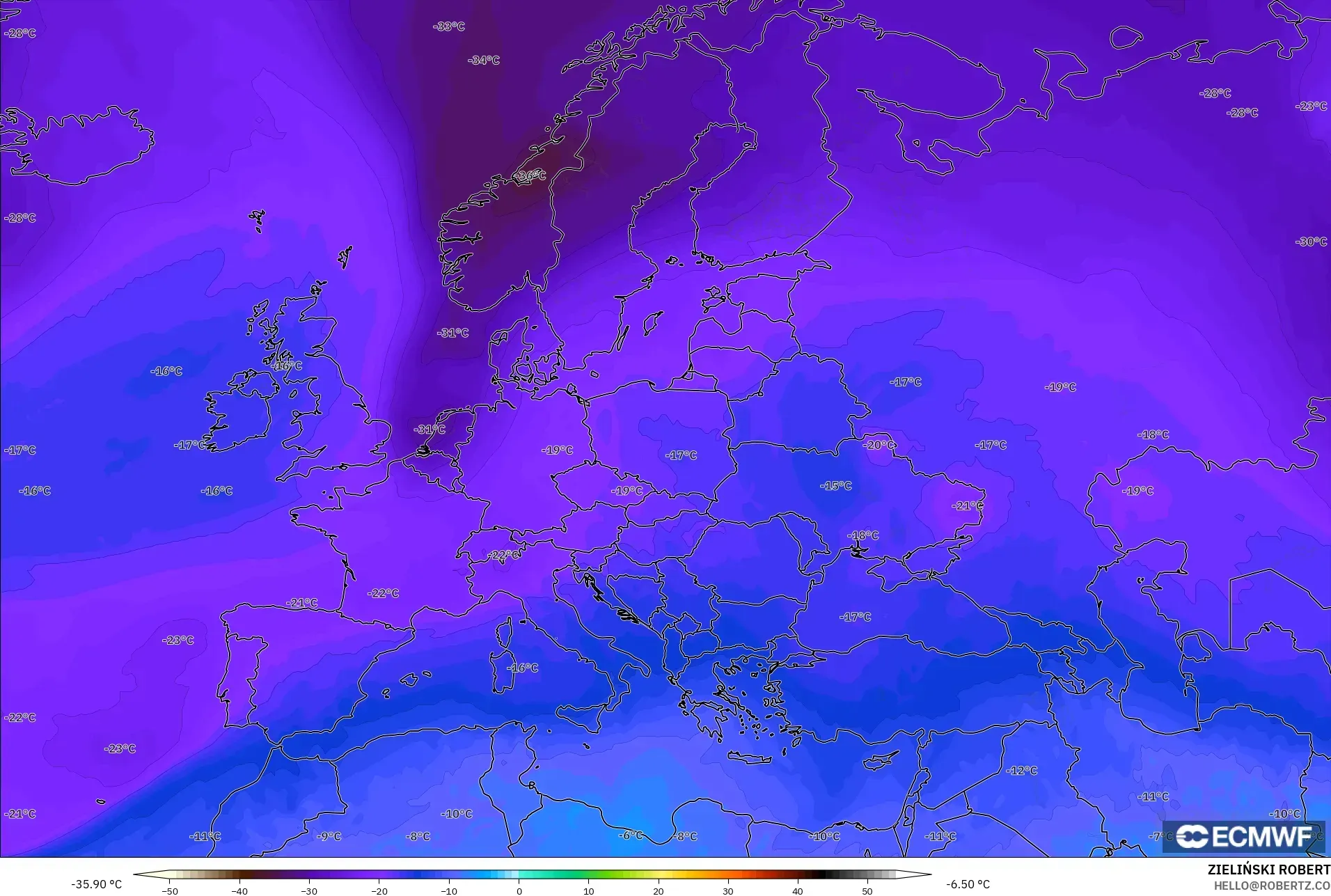 ECMWF IFS 0,25° modelo - Europa, Temperatura a 500 hPa