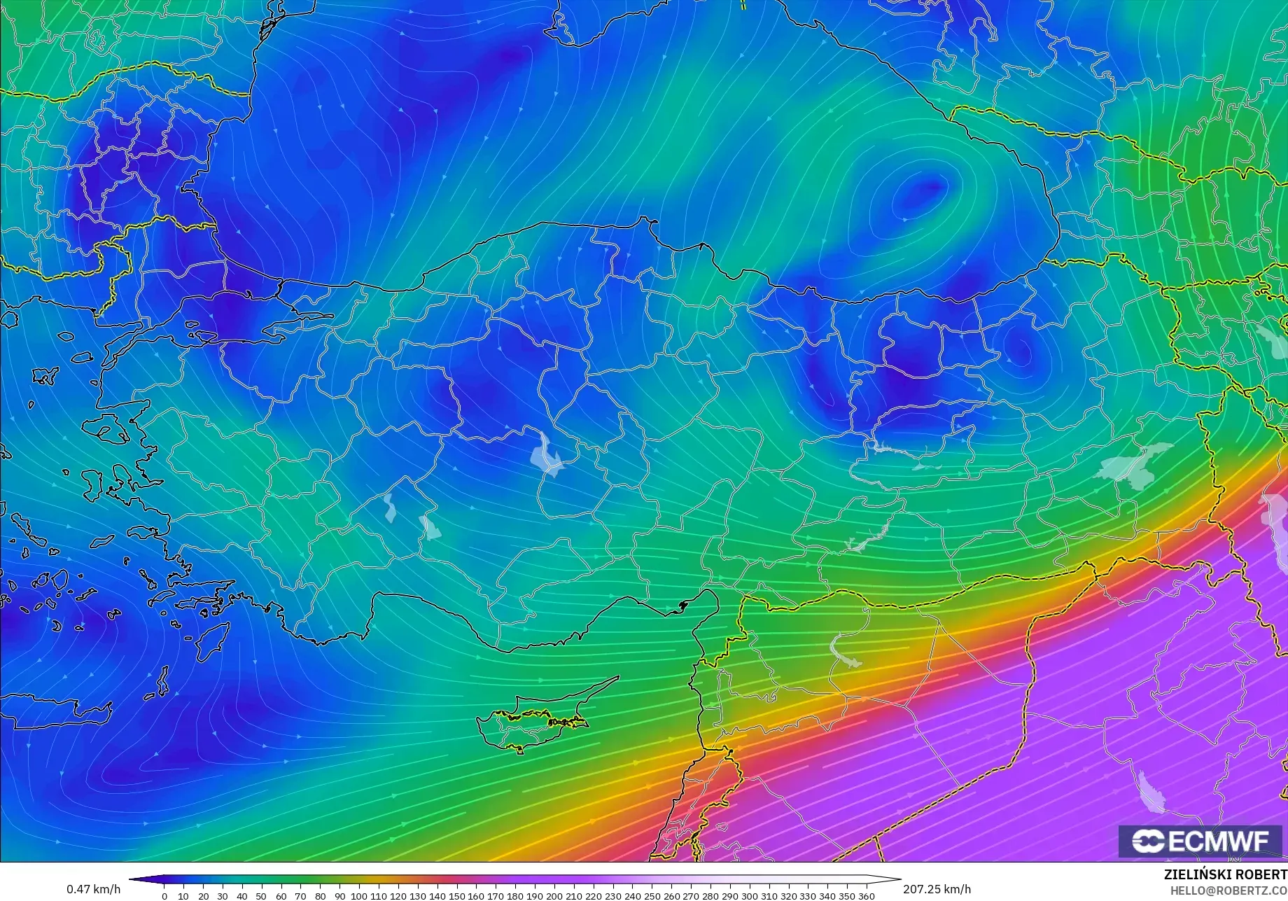 ECMWF IFS 0,25° modelo - Turquia, Vento a 300 hPa (corrente em jato)