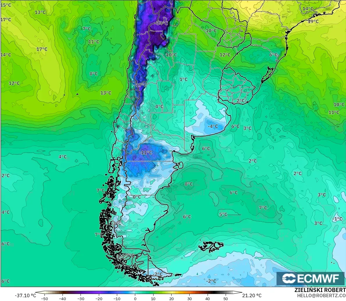 ECMWF IFS 0,25° modelo - Argentina, Ponto de orvalho a 2 m