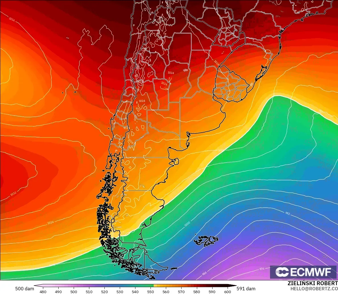 ECMWF IFS 0,25° modelo - Argentina, Altura geopotencial a 500 hPa