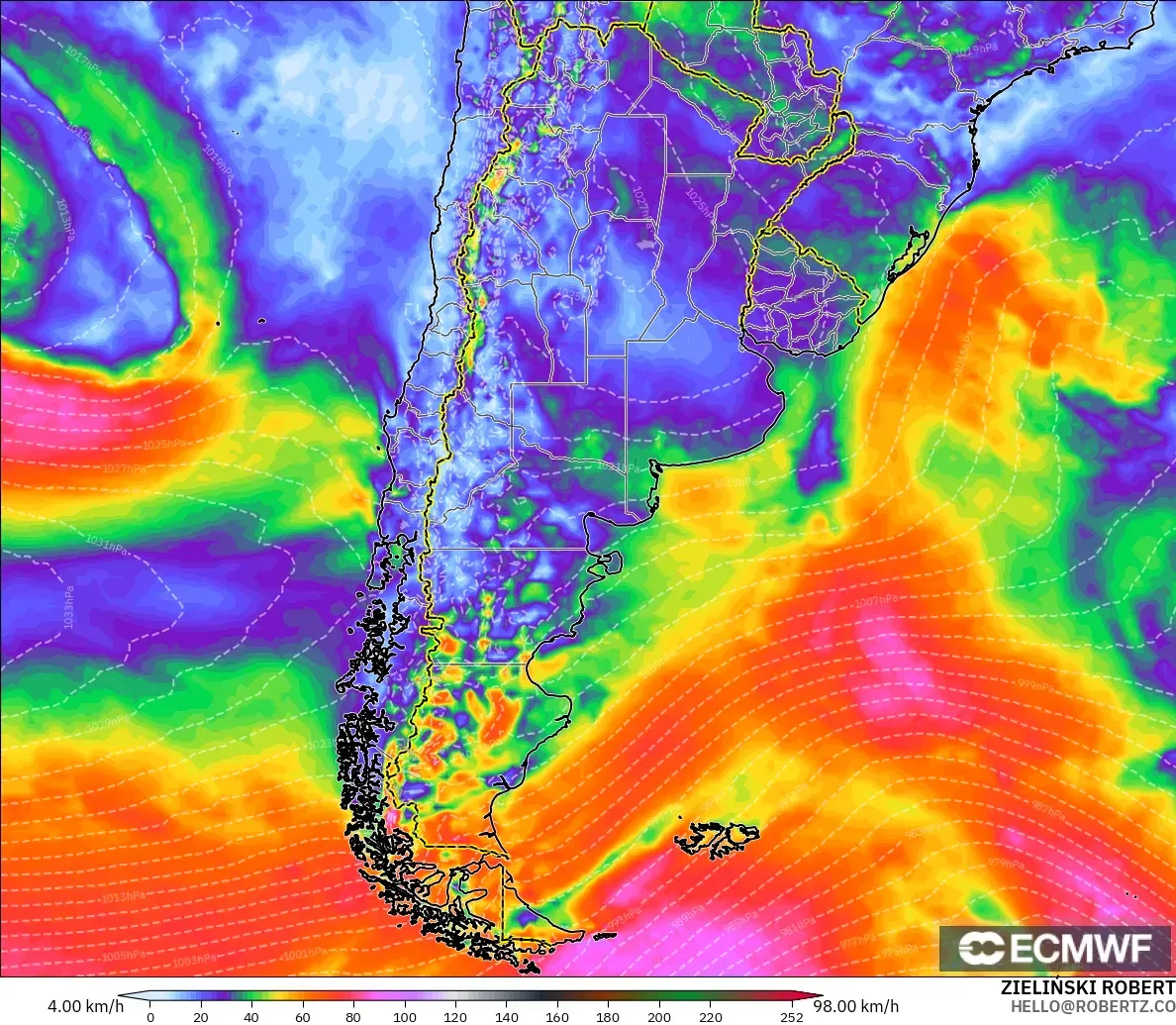 ECMWF IFS 0,25° modelo - Argentina, Rajadas de Vento Máximas