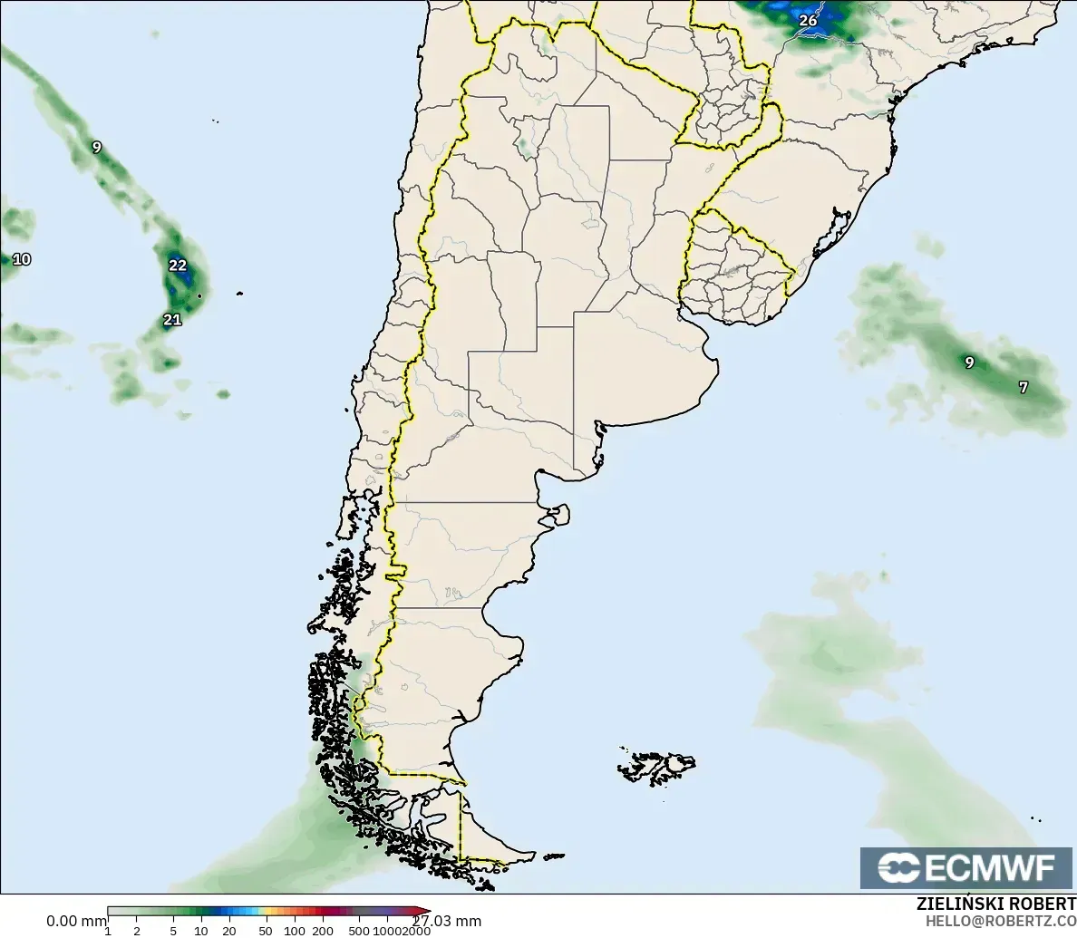 ECMWF IFS 0,25° modelo - Argentina, Acúmulo de precipitação