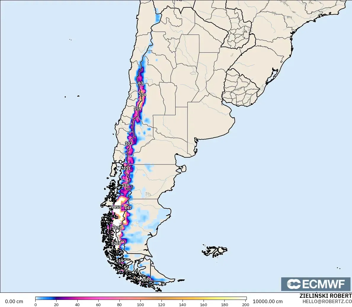 ECMWF IFS 0,25° modelo - Argentina, Profundidade da neve