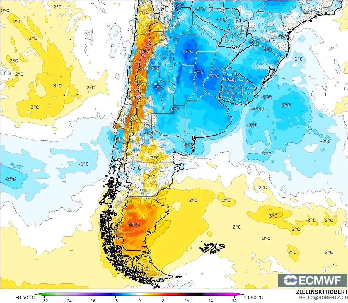 ECMWF IFS 0,25° modelo - Argentina, Anomalia de temperatura a 2 m