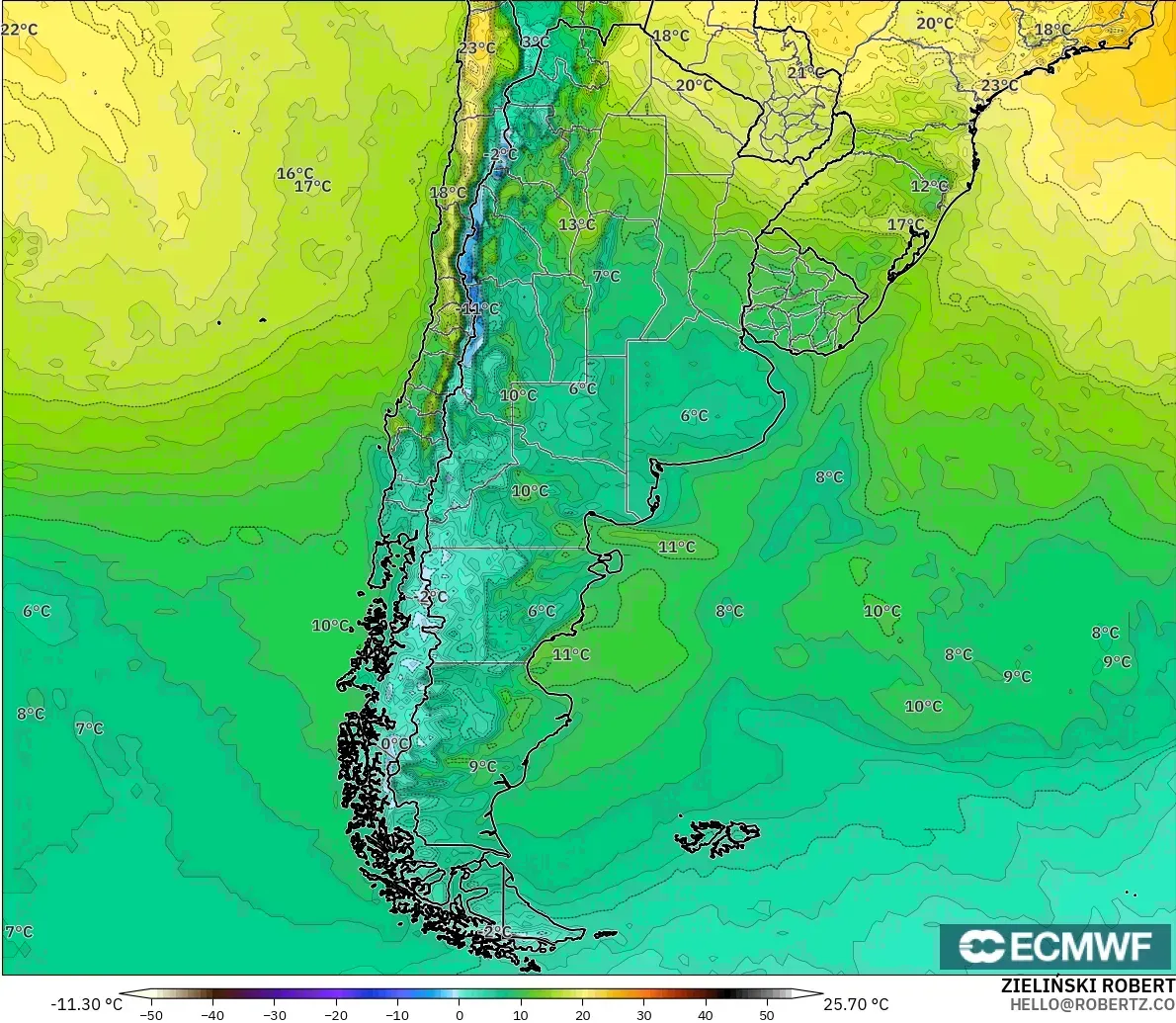 ECMWF IFS 0,25° modelo - Argentina, Temperatura a 2 m