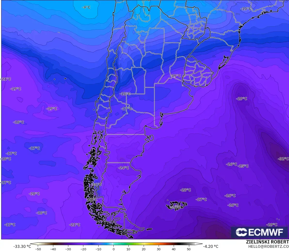 ECMWF IFS 0,25° modelo - Argentina, Temperatura a 500 hPa