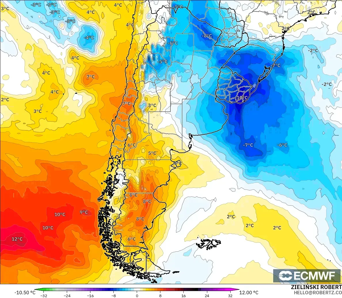 ECMWF IFS 0,25° modelo - Argentina, Anomalia de temperatura a 850 hPa