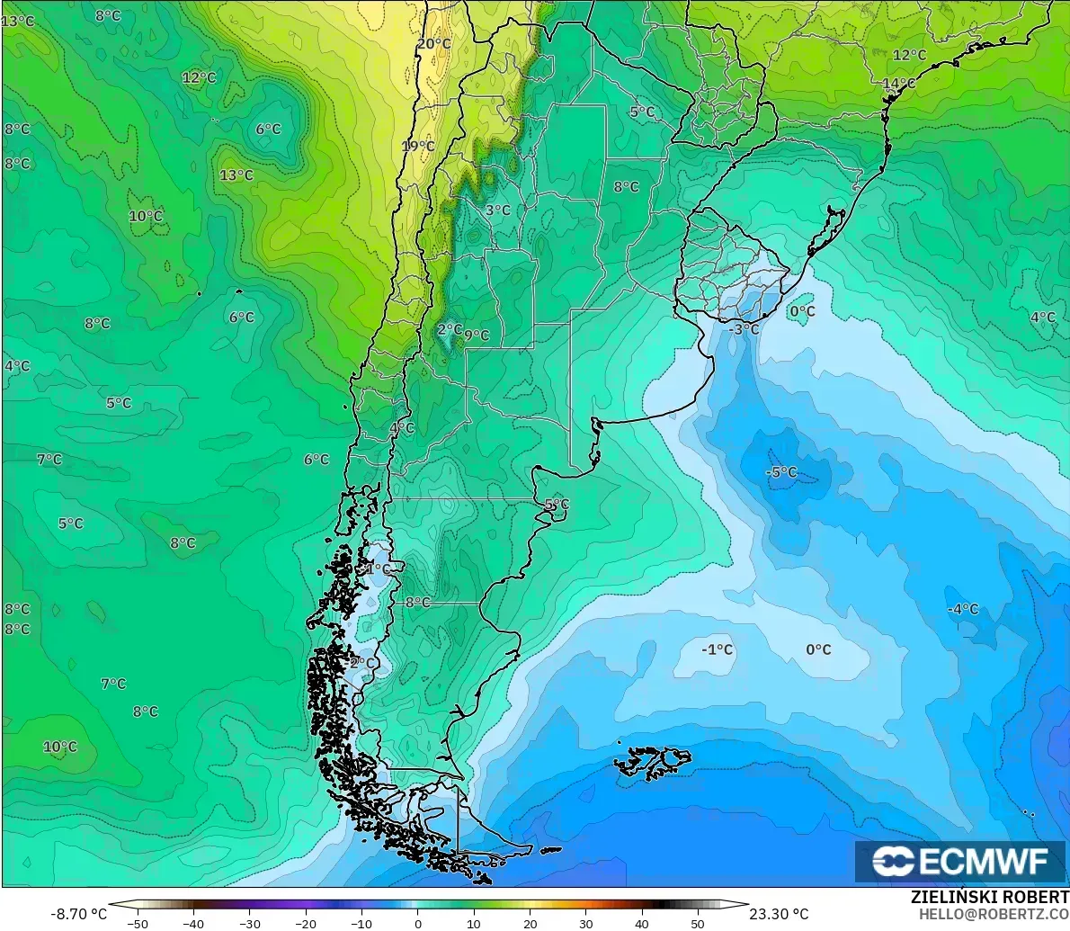 ECMWF IFS 0,25° modelo - Argentina, Temperatura a 850 hPa